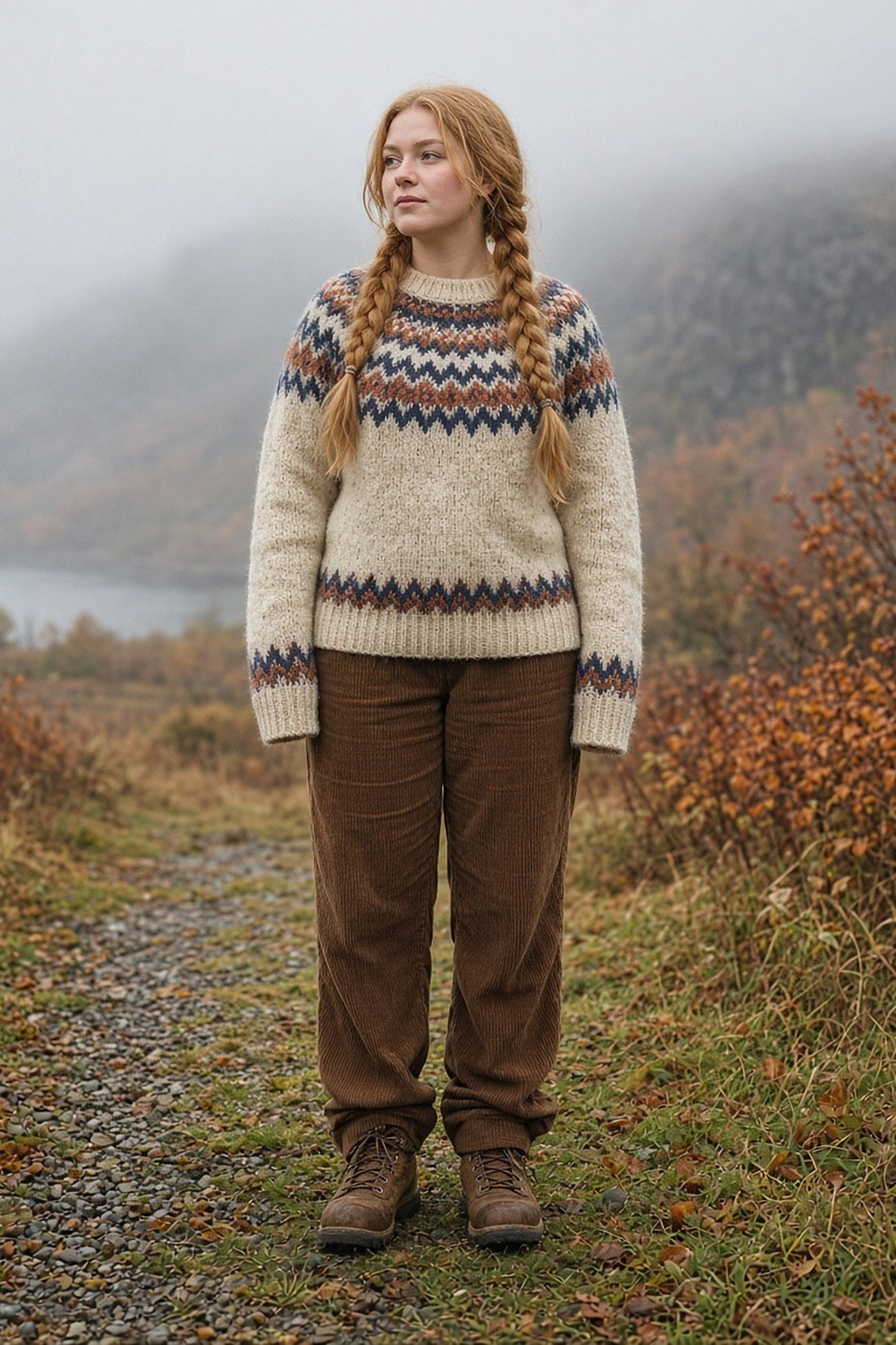 Woman in her 20s in a Fair Isle wool sweater and corduroy trousers