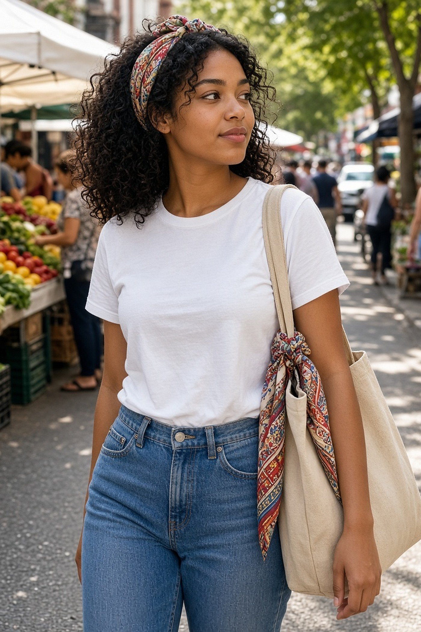 Woman in her 20s using a vintage silk scarf as a hair tie and bag accessory