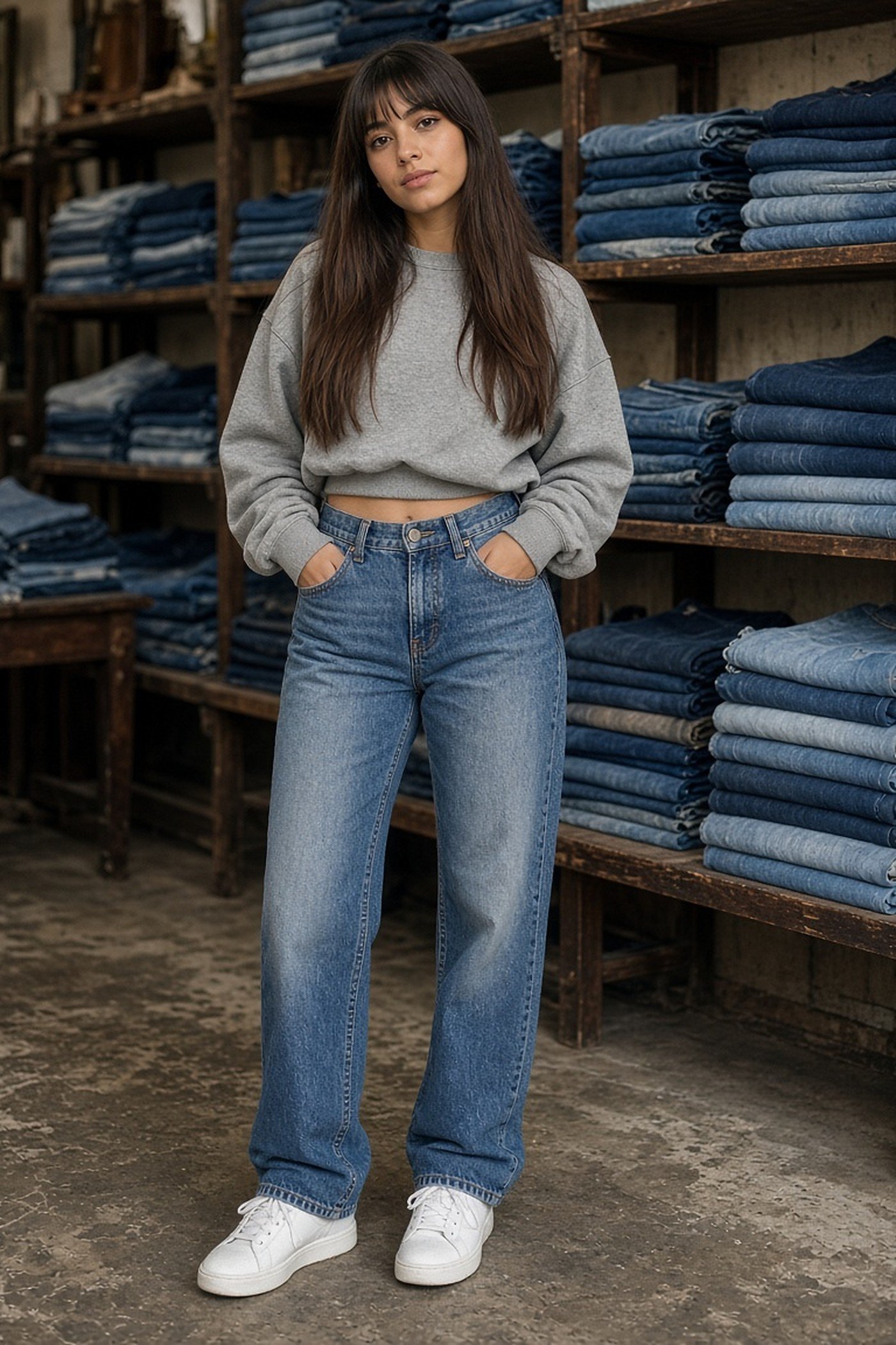 Woman in her 20s in vintage straight-leg jeans in a denim store