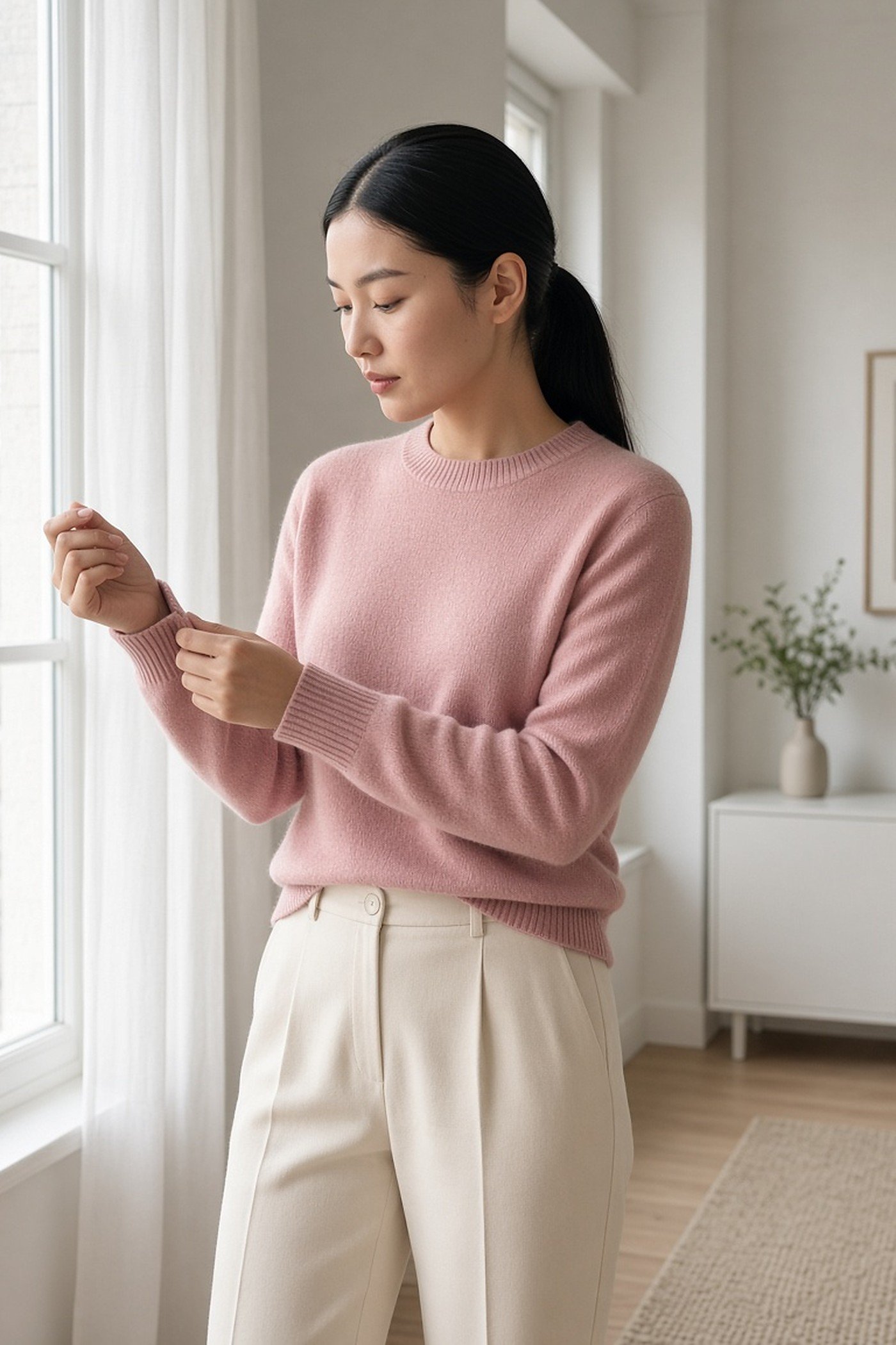 Woman in her 20s checking the cuff of a dusty-rose cashmere sweater