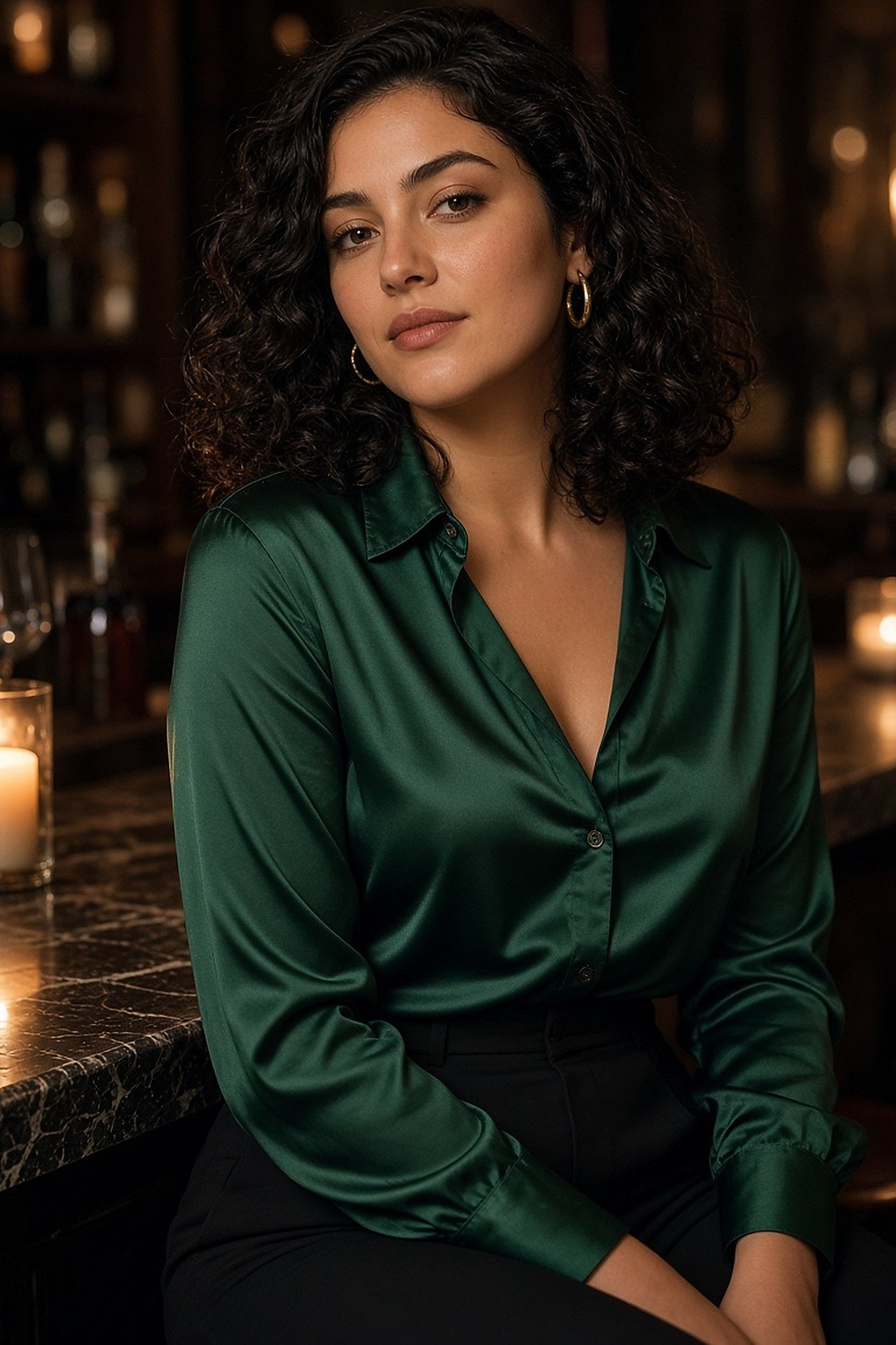 Woman in her 20s in an emerald silk blouse at a candlelit wine bar