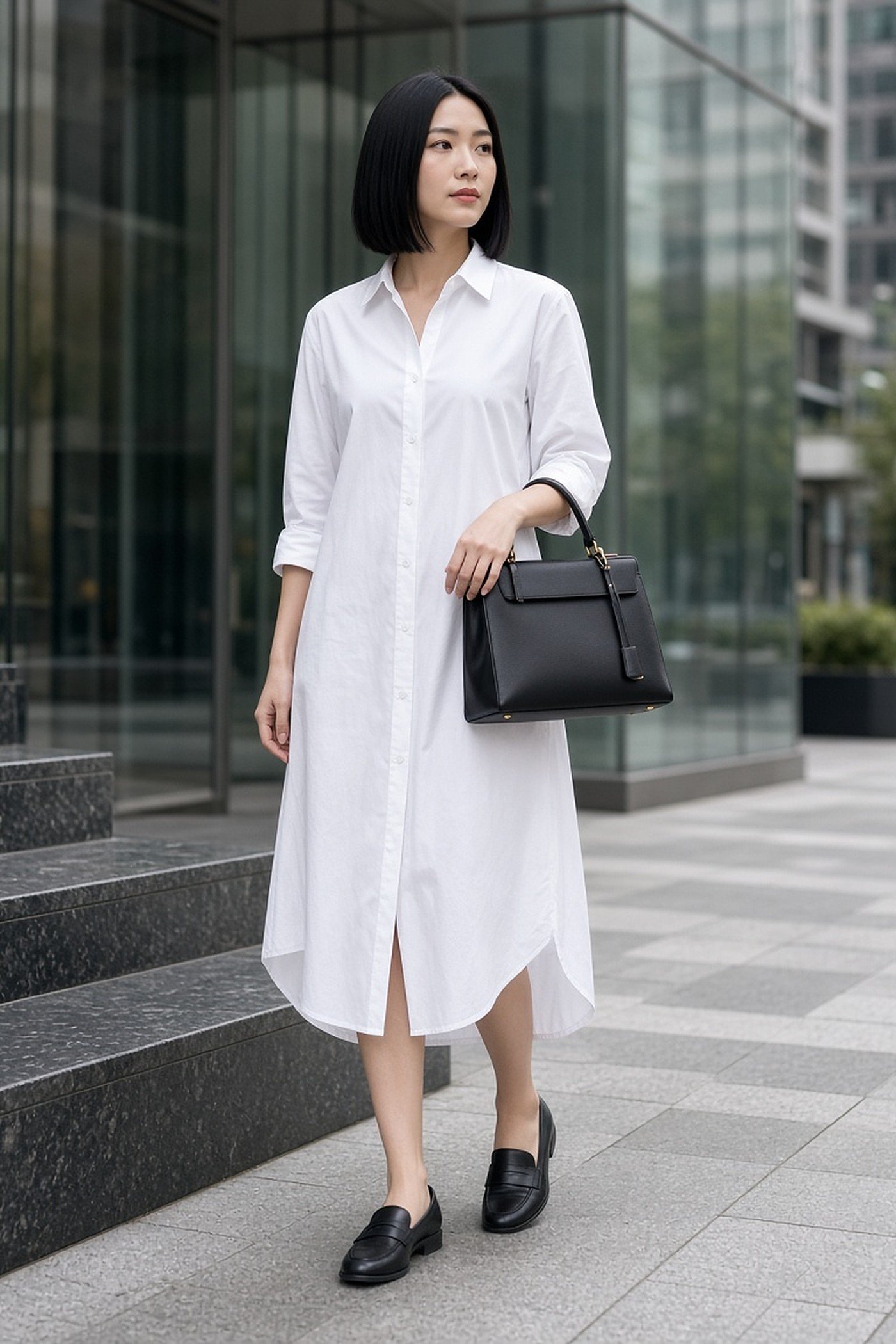 Woman in her 20s carrying a pre-loved black leather top-handle bag