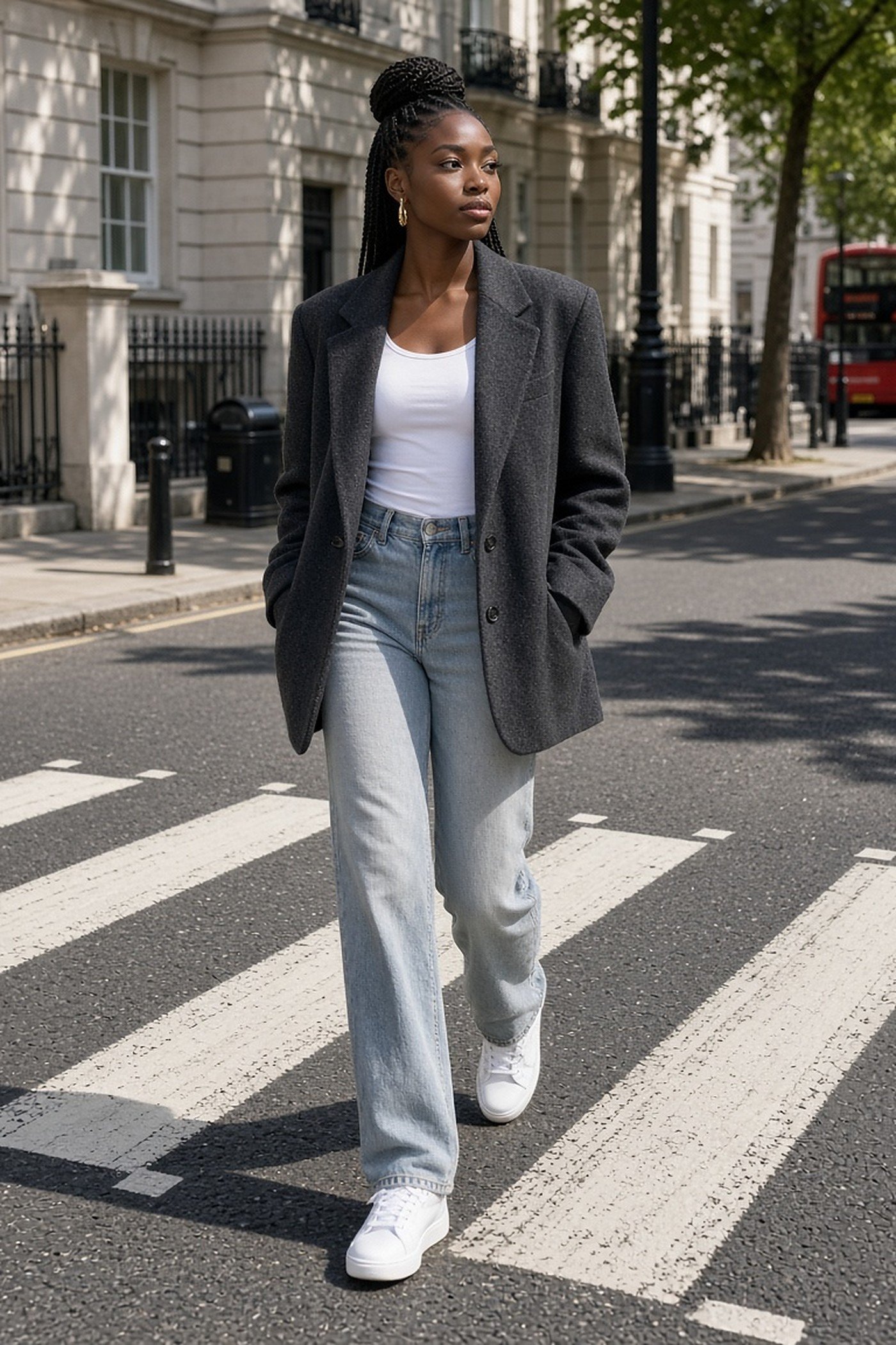 Woman in her 20s in an oversized vintage charcoal wool blazer and jeans