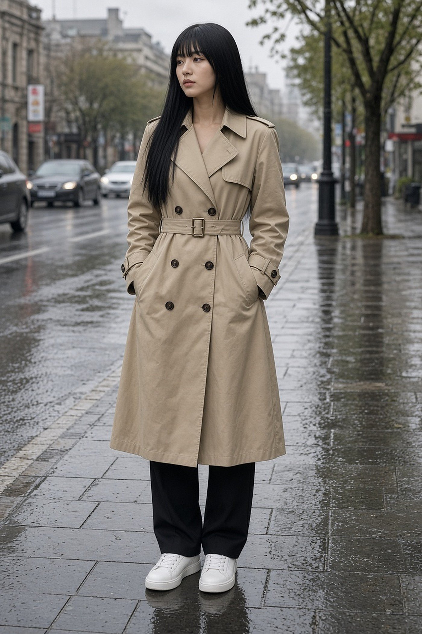 Woman in her 20s in a classic beige belted trench coat on a rainy street