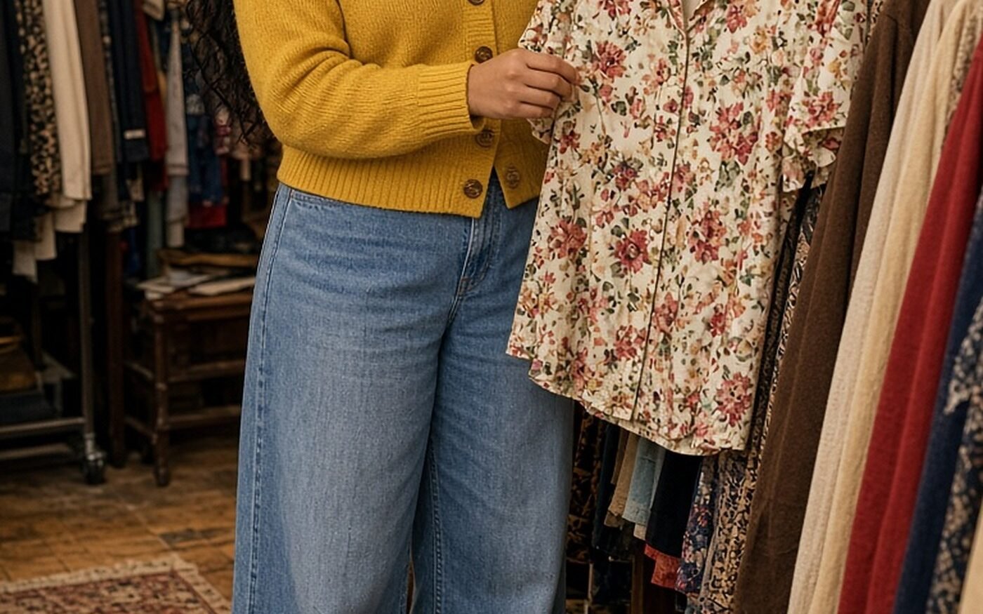 Woman in her 20s browsing a vintage thrift store rack holding a floral blouse