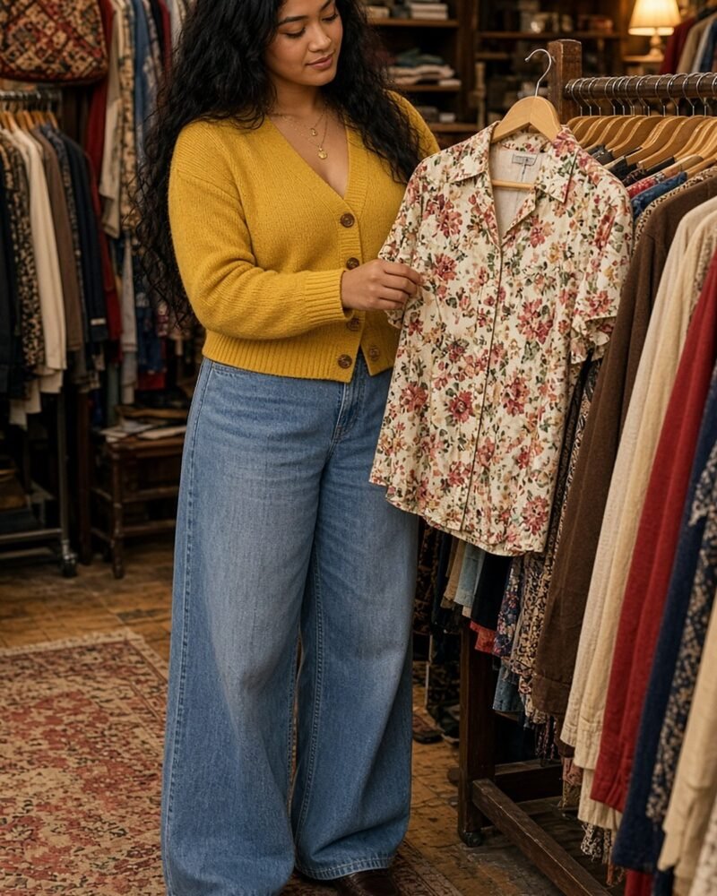 Woman in her 20s browsing a vintage thrift store rack holding a floral blouse