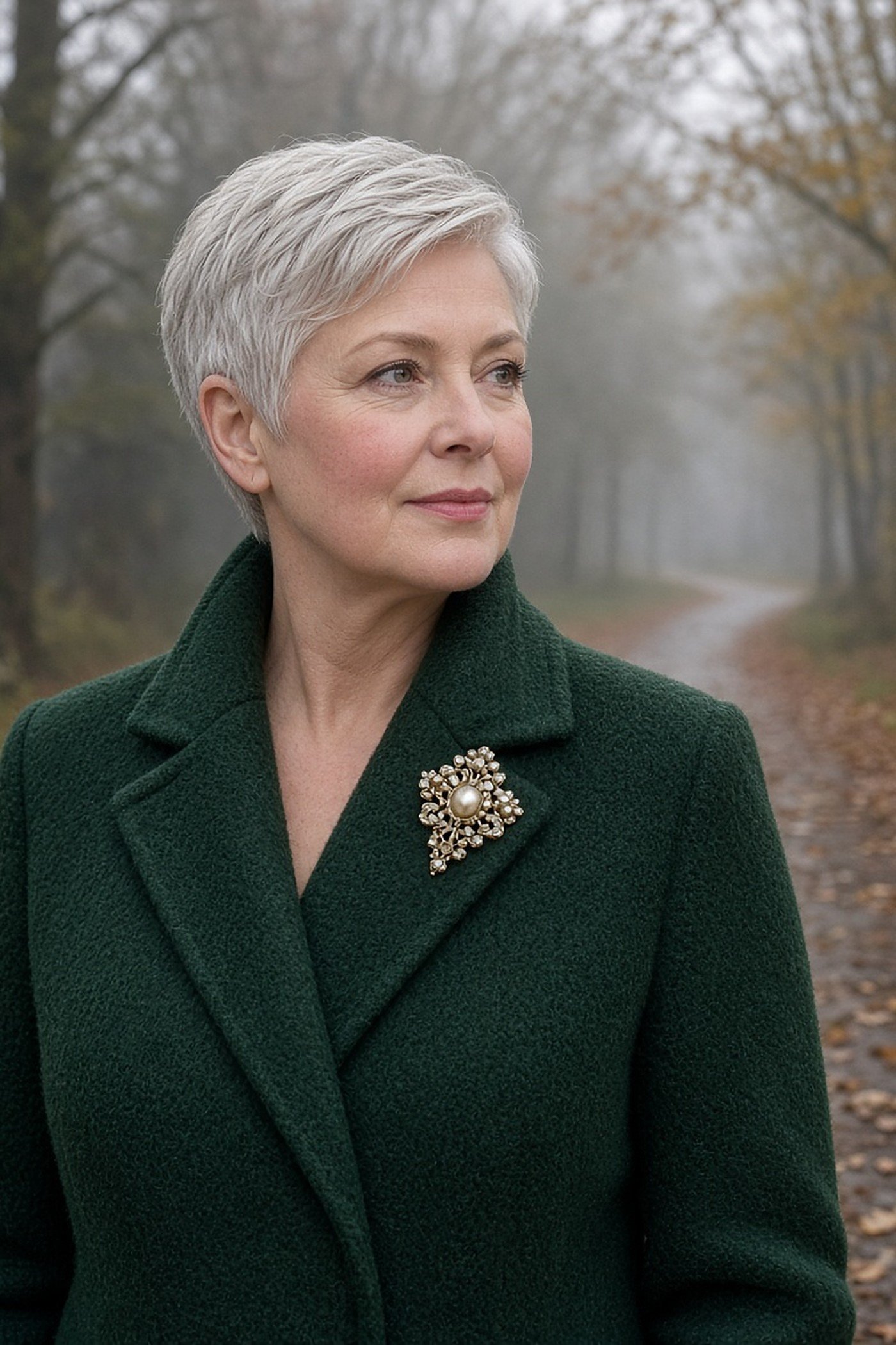 Woman over 50 wearing a vintage gold and pearl brooch on a green wool coat