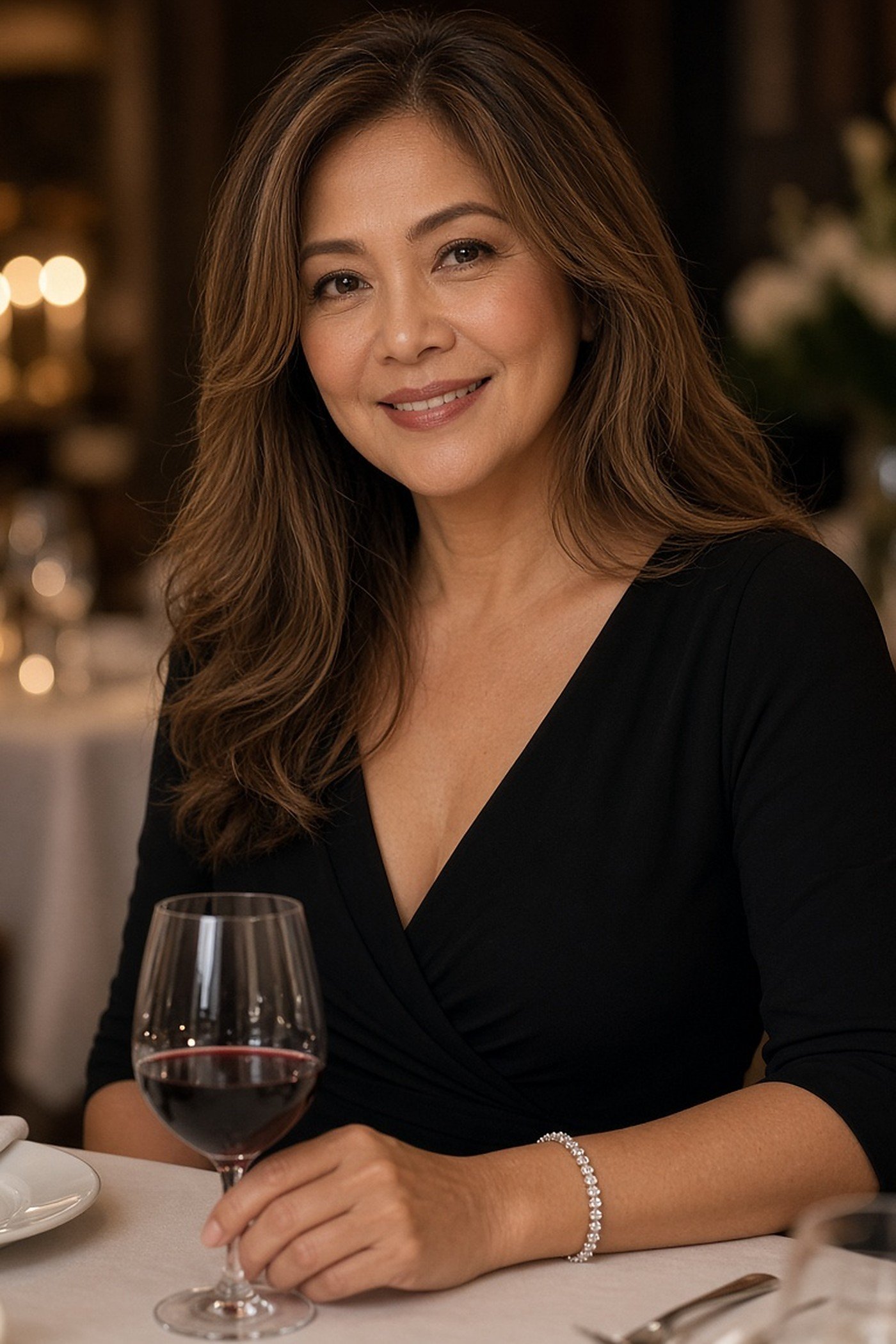 Woman over 50 wearing a diamond tennis bracelet at an evening dinner