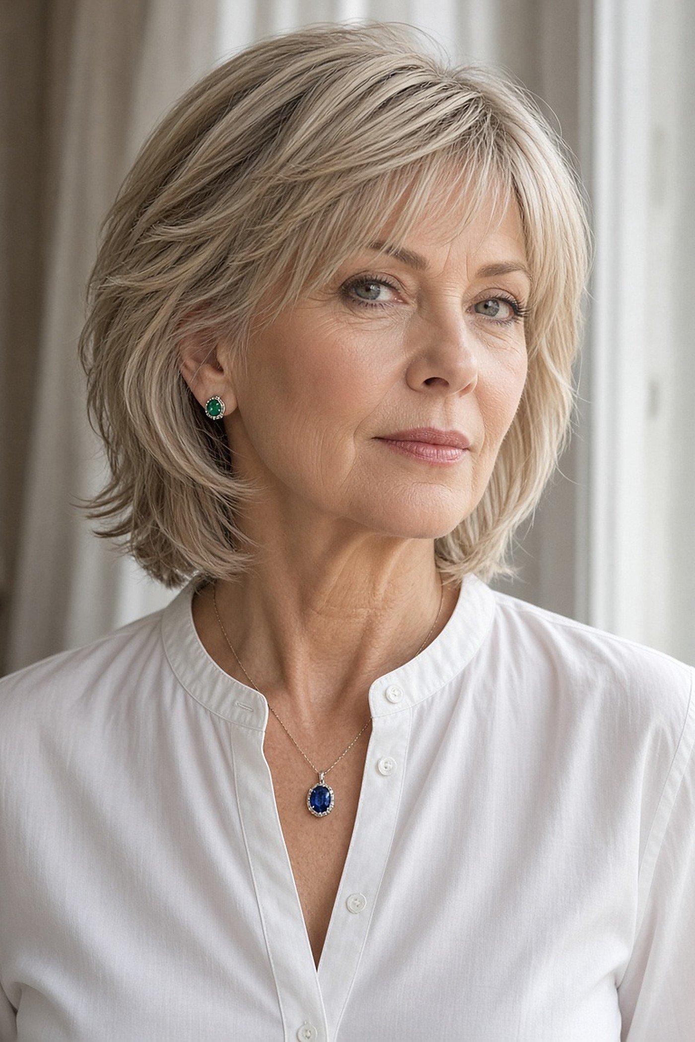 Woman over 50 wearing emerald studs and a sapphire pendant with a white blouse