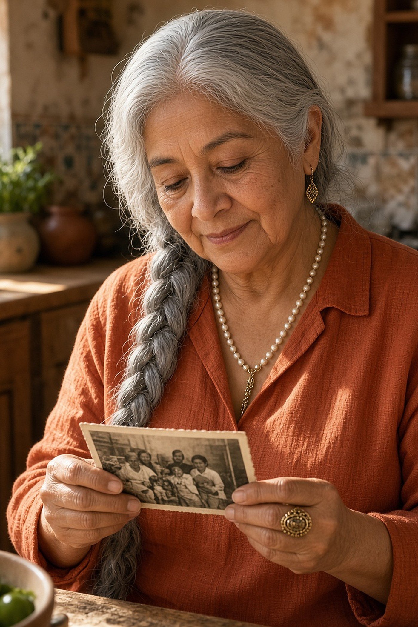 Woman over 50 wearing heirloom pearls and an antique ring while looking at a family photo
