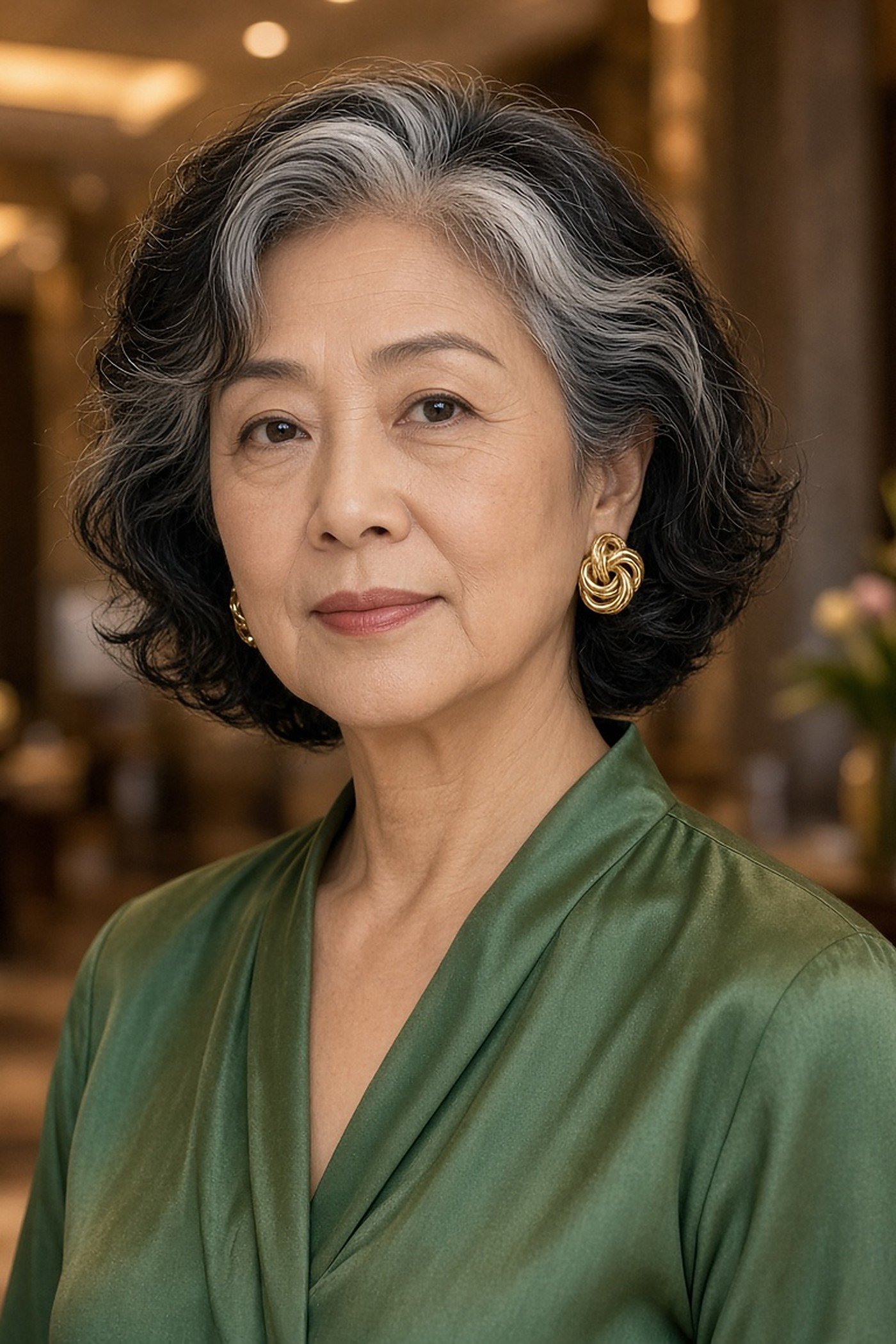 Woman over 50 wearing gold knot clip-on earrings with a jade silk top