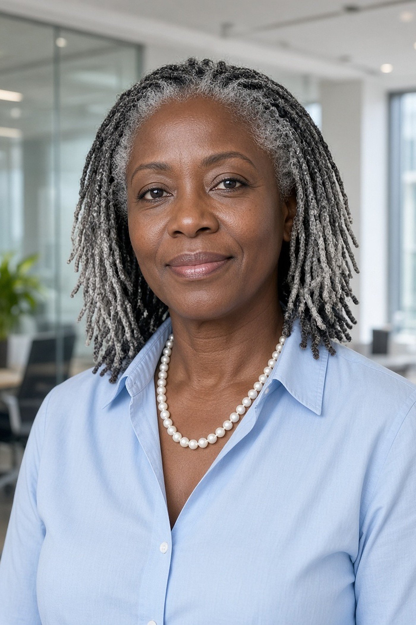 Woman over 50 wearing a princess-length pearl strand with a light-blue shirt
