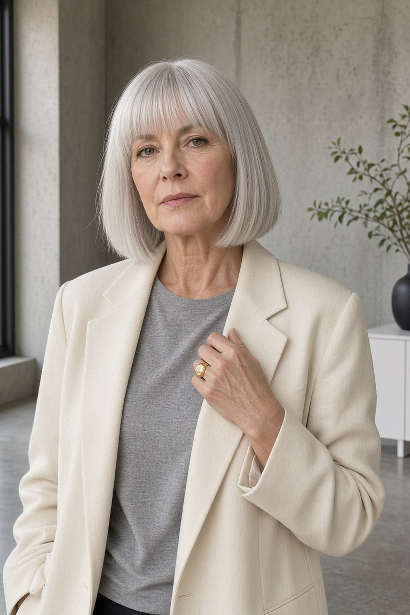 Woman over 50 wearing a gold signet ring with a cream blazer