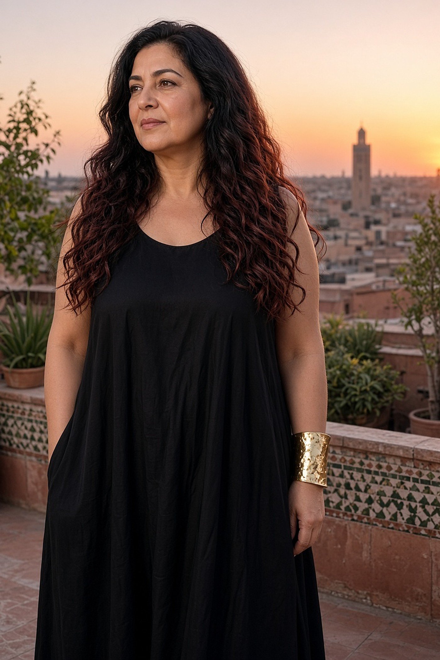 Woman over 50 wearing a wide hammered gold cuff with a black maxi dress