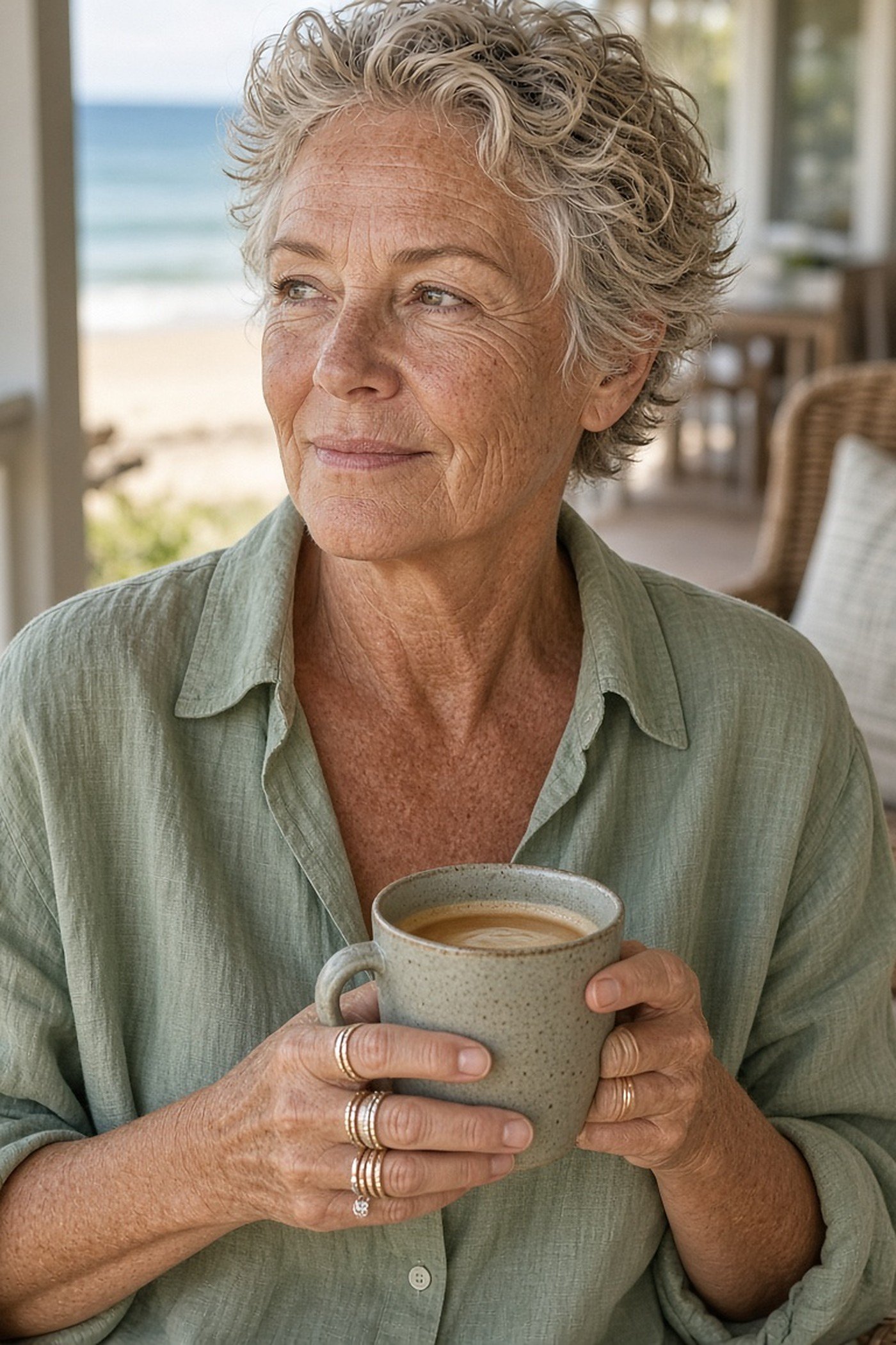 Woman over 50 wearing mixed-metal stacking rings while holding a coffee mug