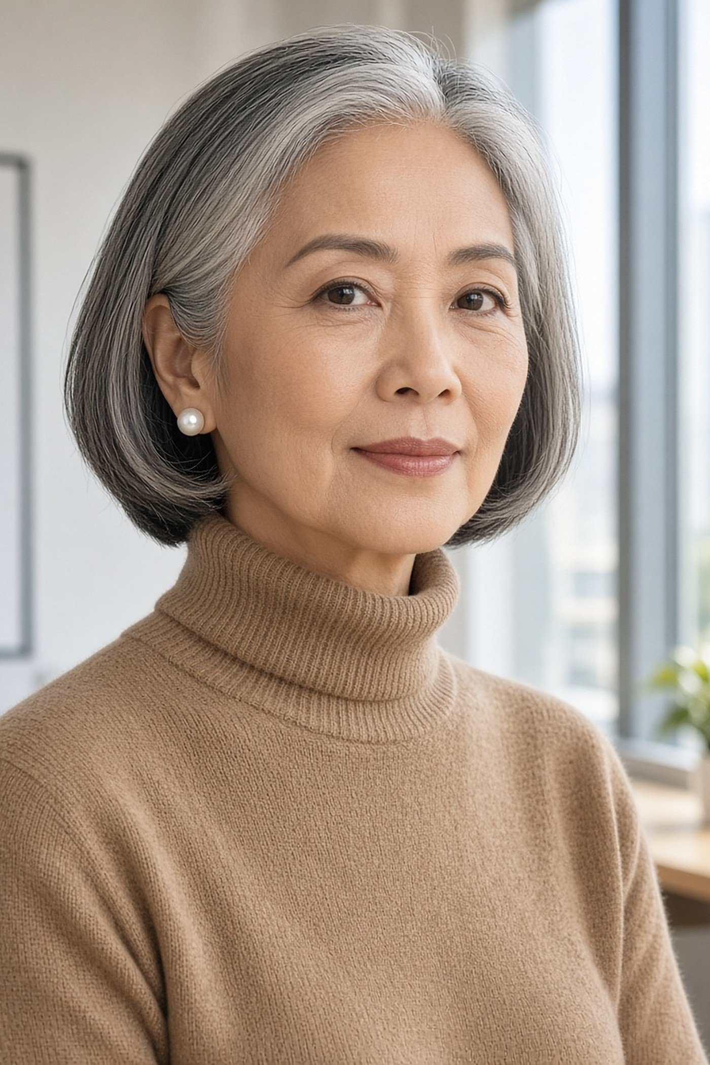 Woman over 50 wearing classic pearl stud earrings and a camel turtleneck