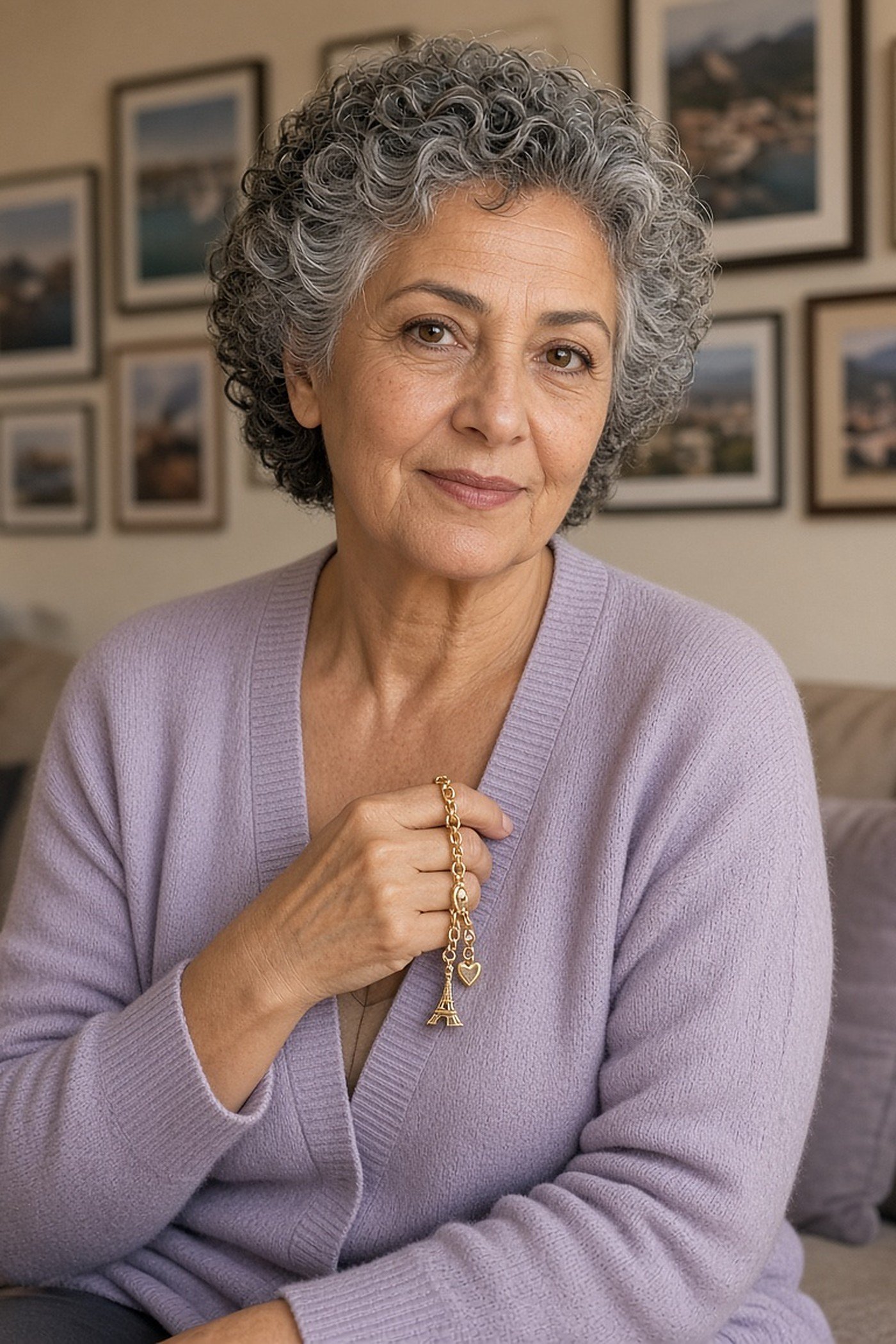 Woman over 50 holding her gold charm bracelet in a lavender cardigan