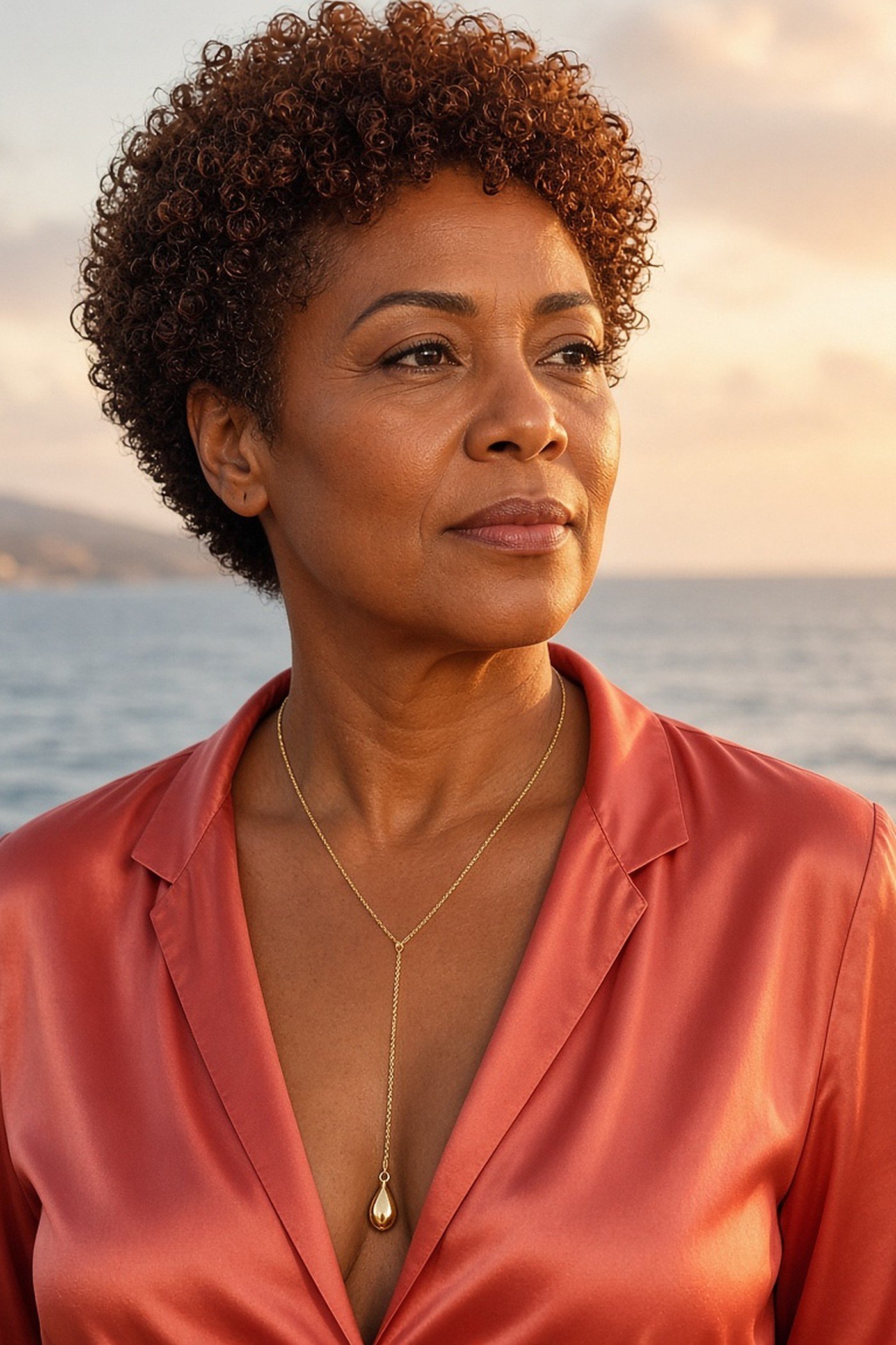 Woman over 50 wearing a gold lariat necklace with a V-neck coral blouse