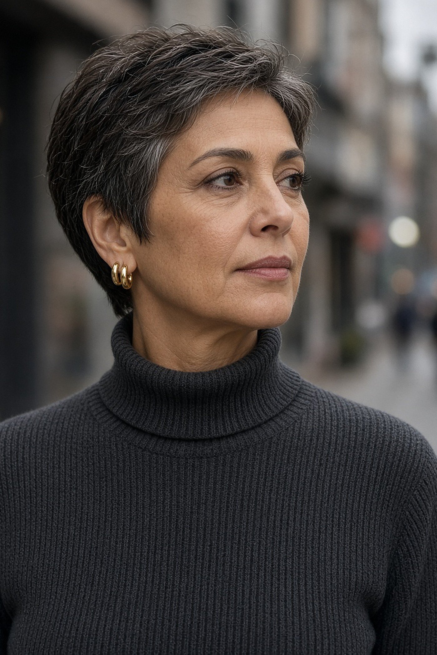 Woman over 50 wearing gold huggie earrings and a charcoal turtleneck