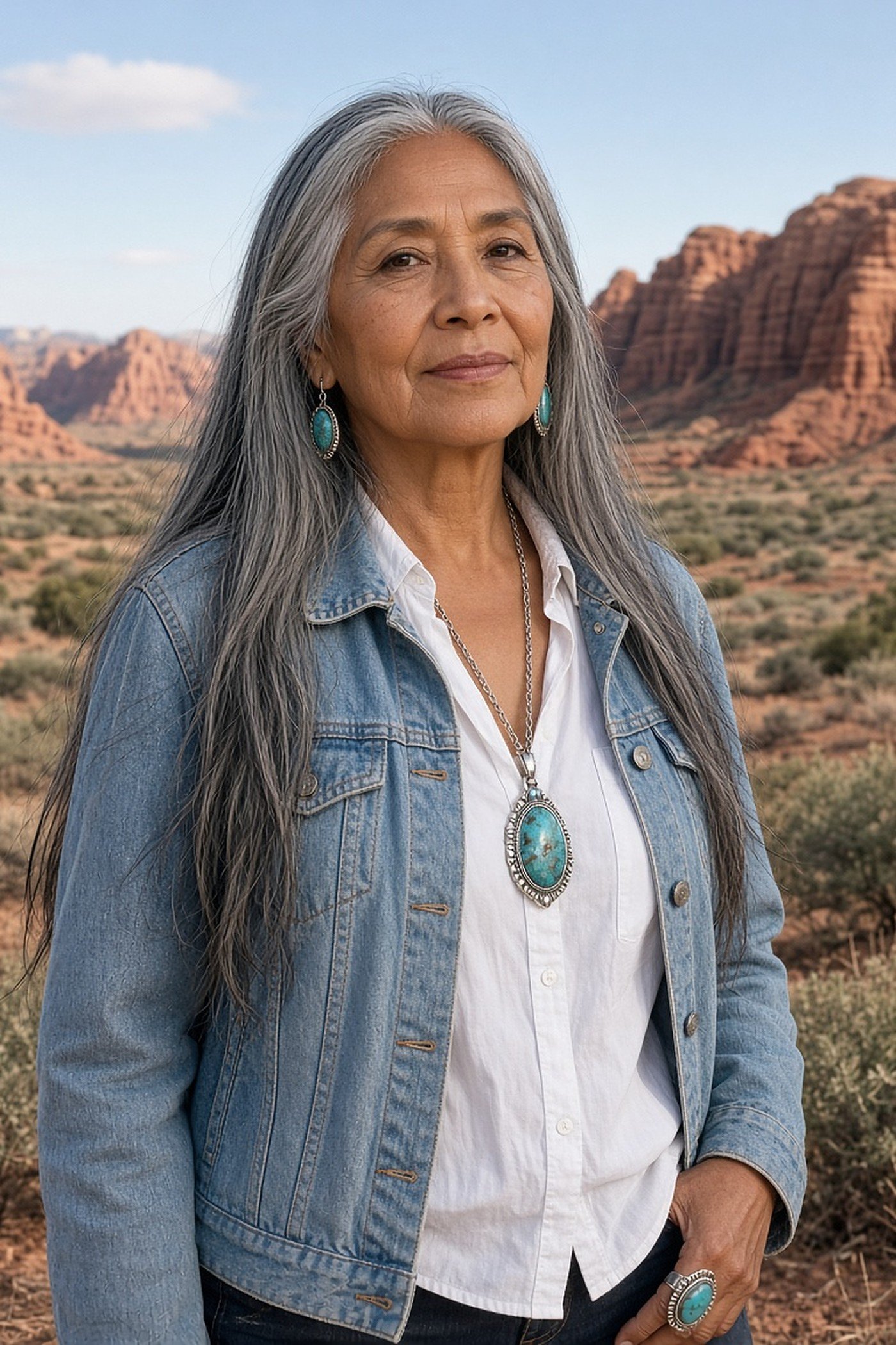 Woman over 50 wearing turquoise and silver jewelry with a denim jacket
