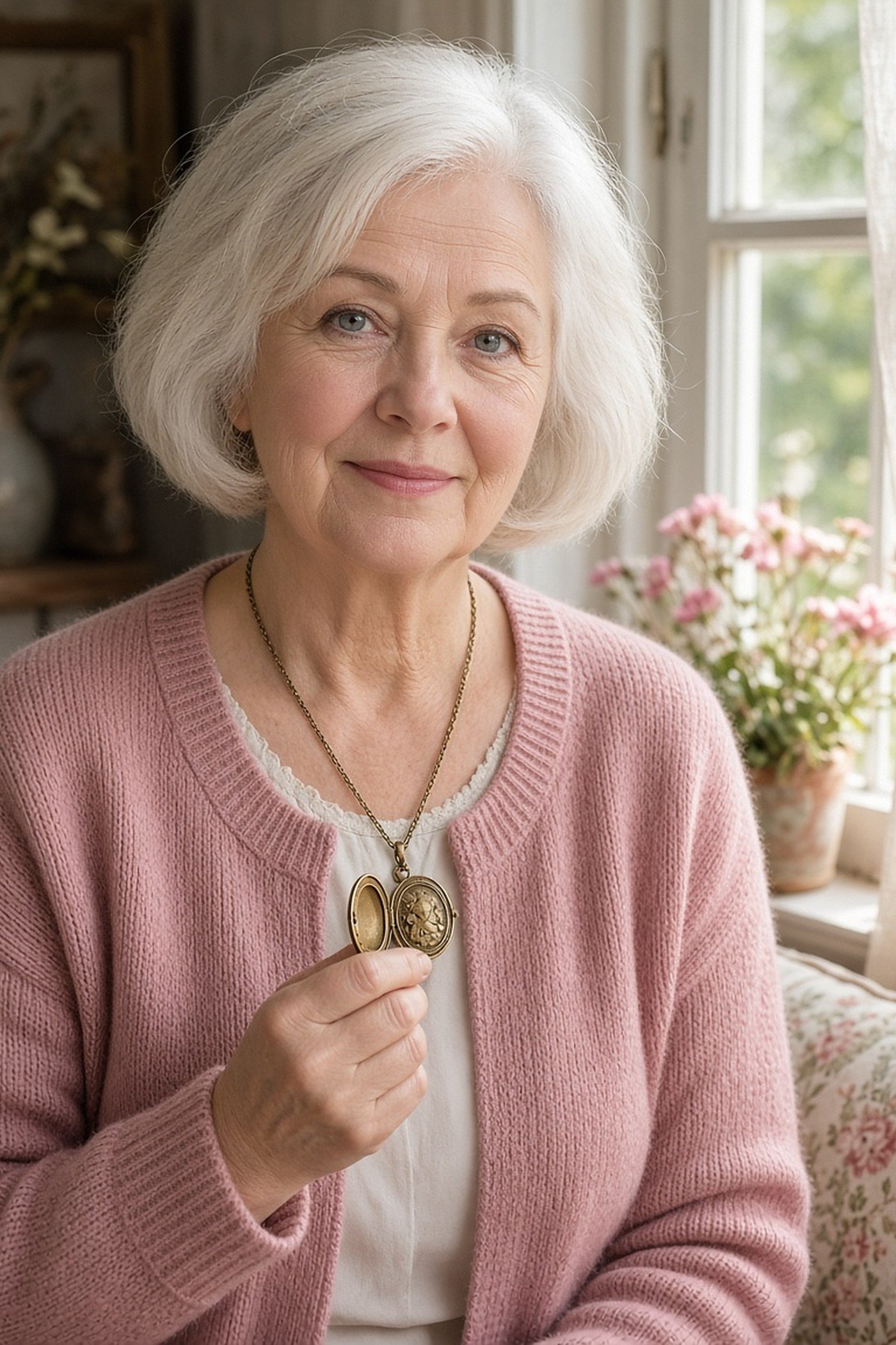 Woman over 50 holding open an antique gold locket in a pink cardigan