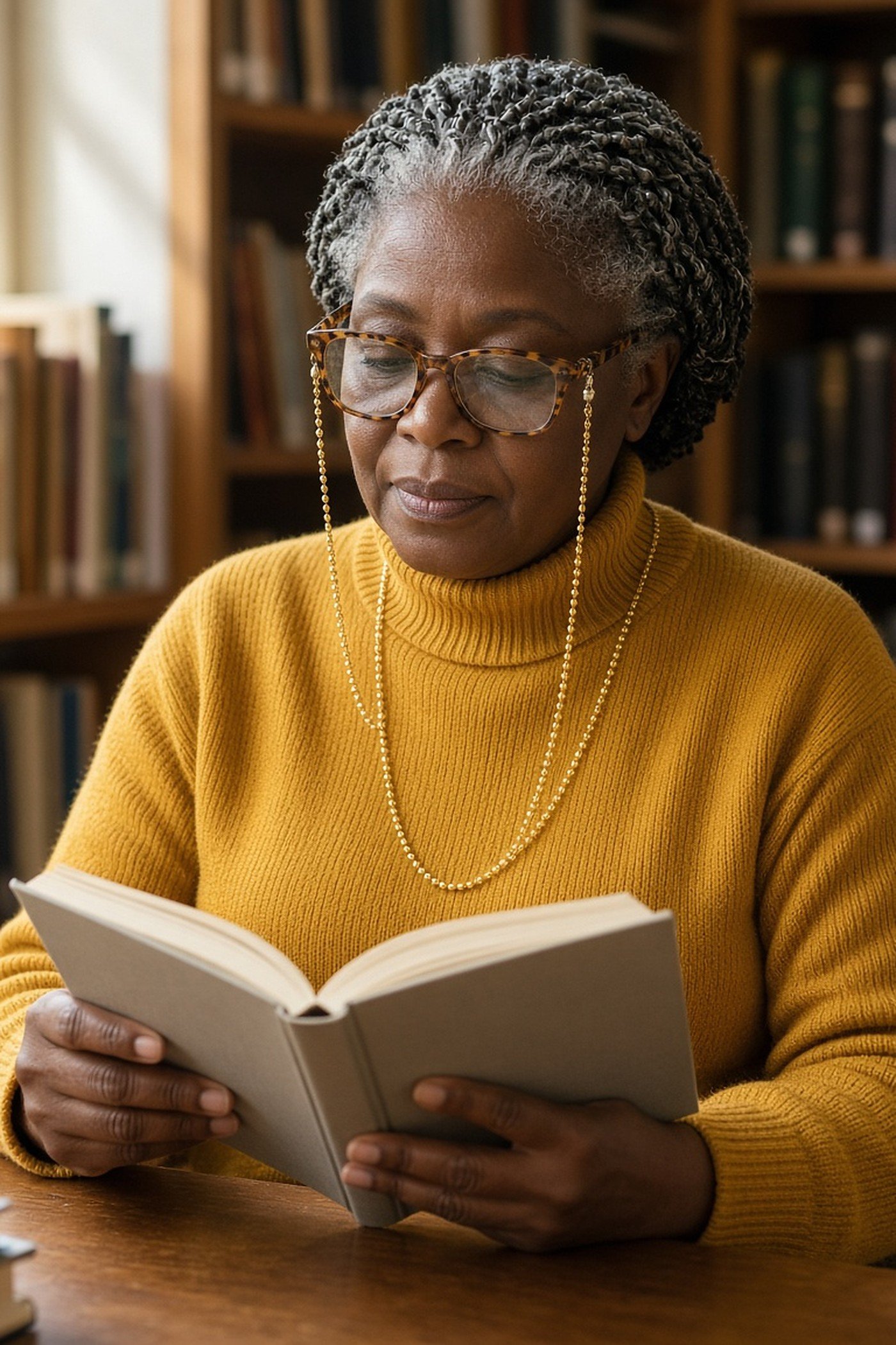 Woman over 50 with reading glasses on a gold beaded eyeglass chain