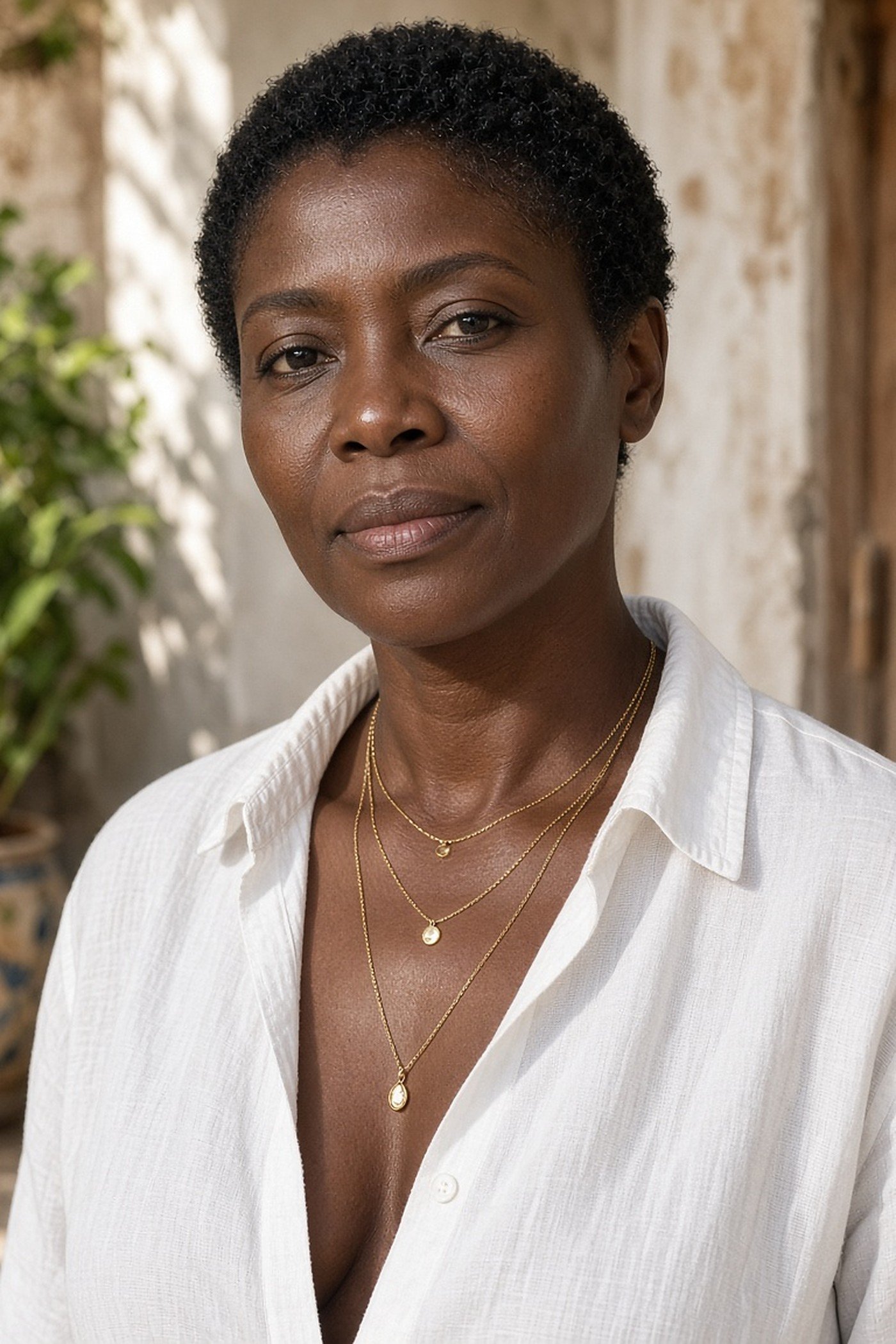 Woman over 50 wearing three layered fine gold chains with a white linen shirt