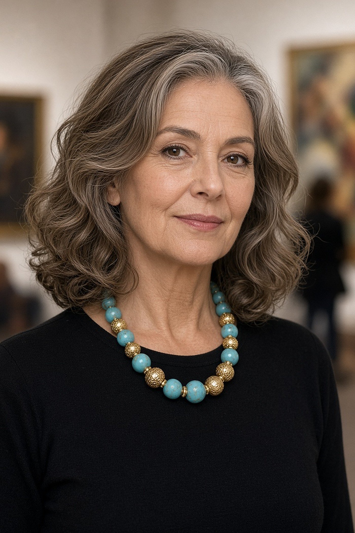 Woman over 50 wearing a chunky beaded statement necklace over a black top