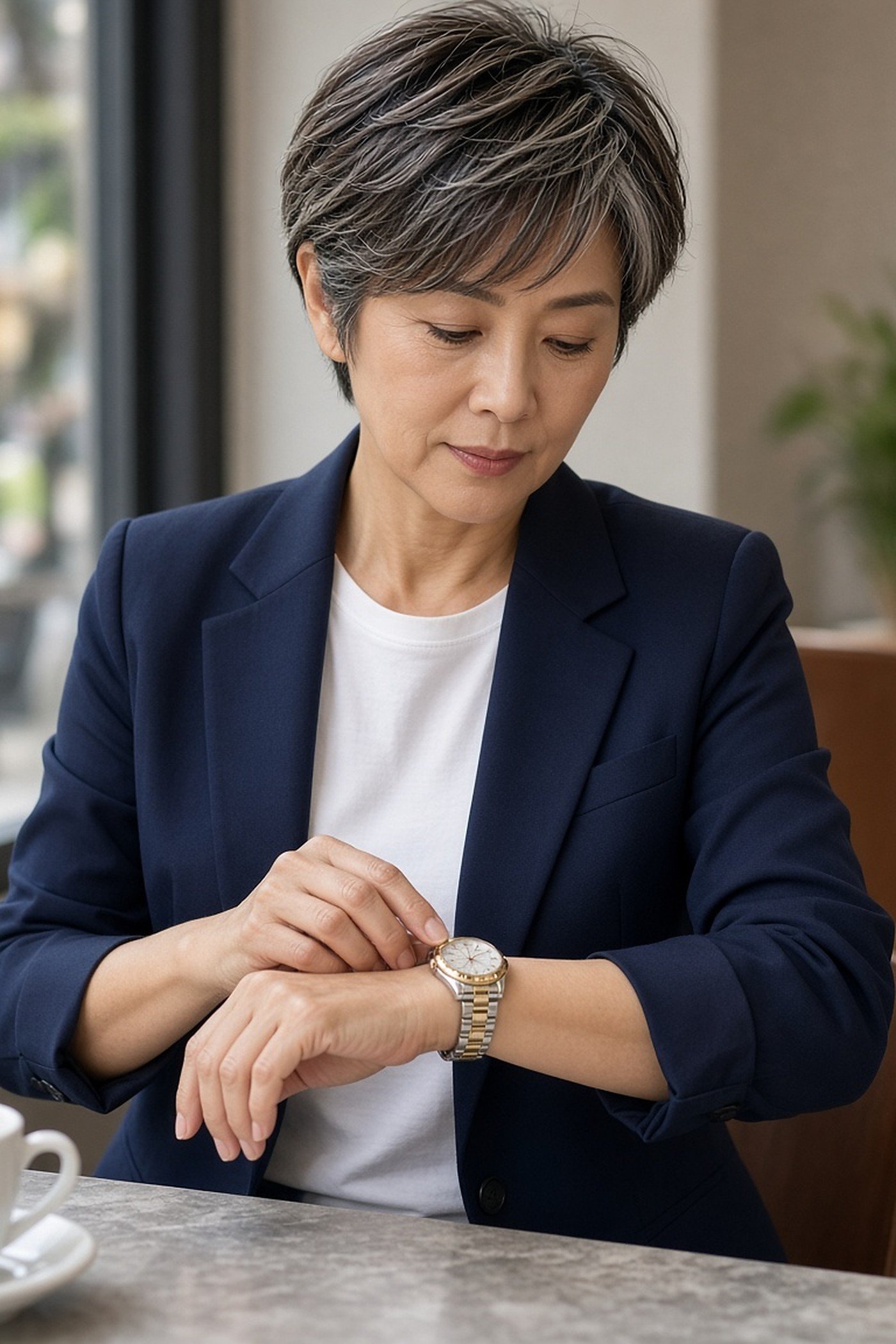 Woman over 50 adjusting a classic two-tone wristwatch at a cafe