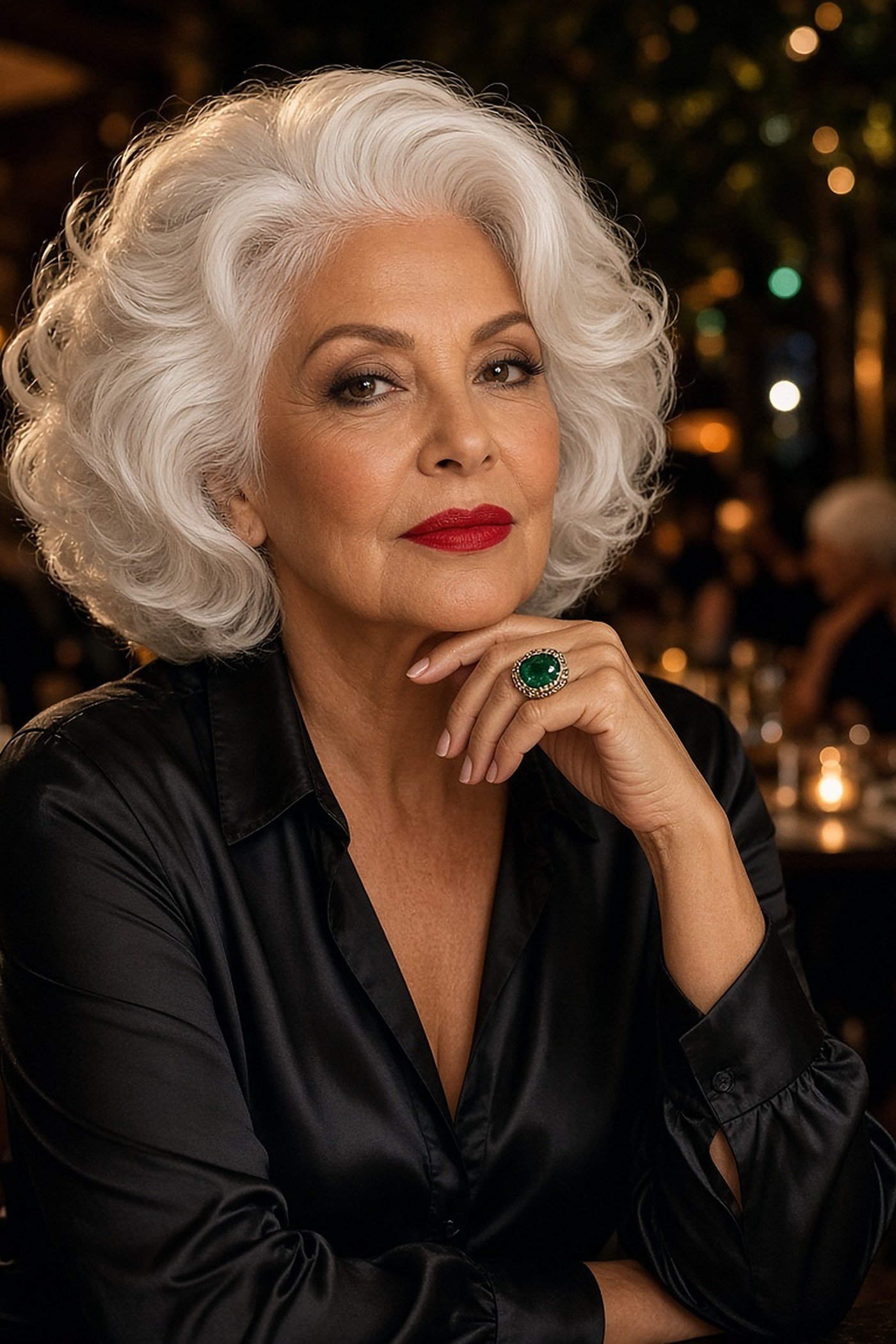 Woman over 50 wearing an emerald cocktail ring with a black satin blouse
