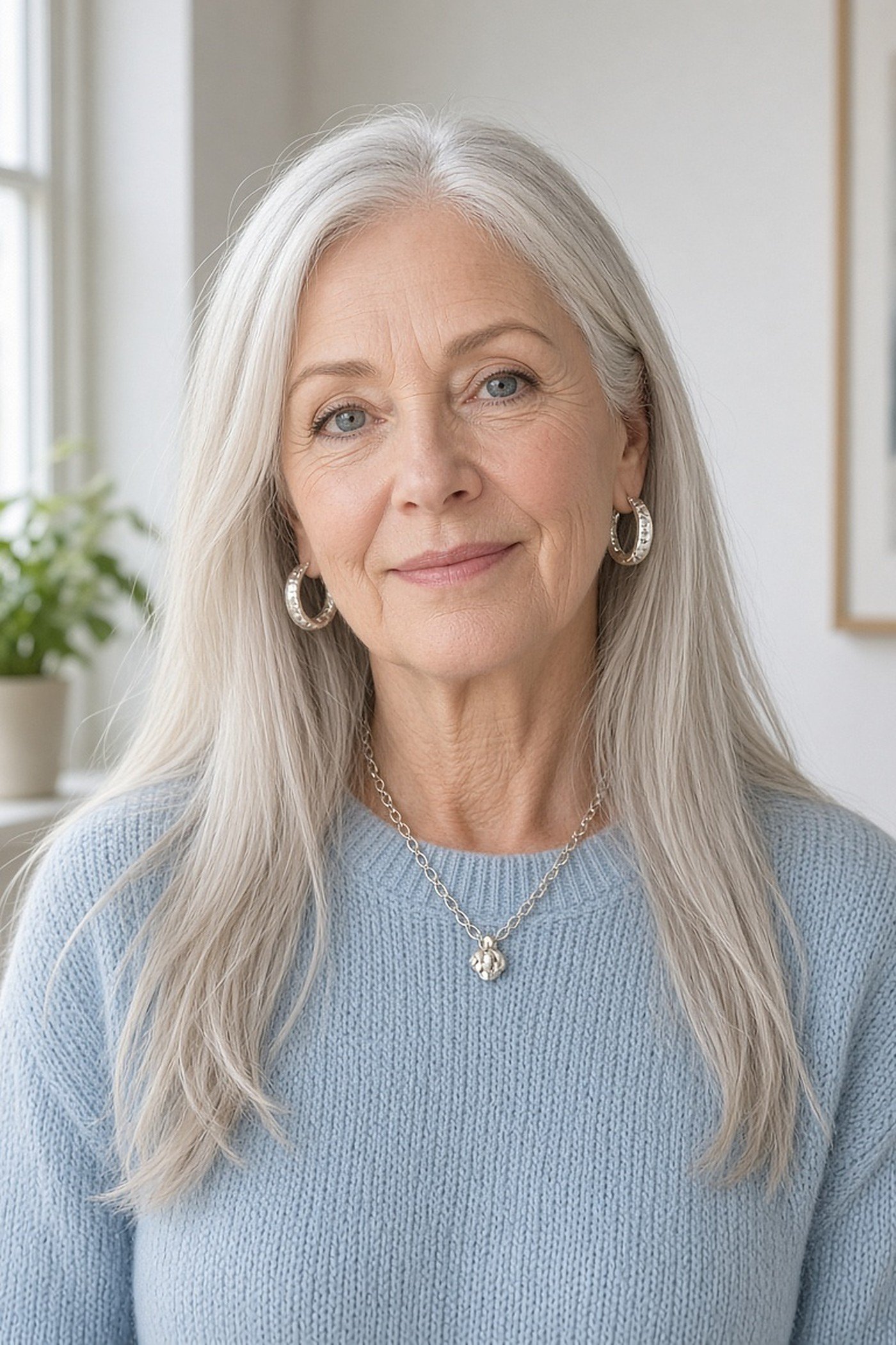 Woman over 50 with silver hair wearing silver hoops and a silver chain