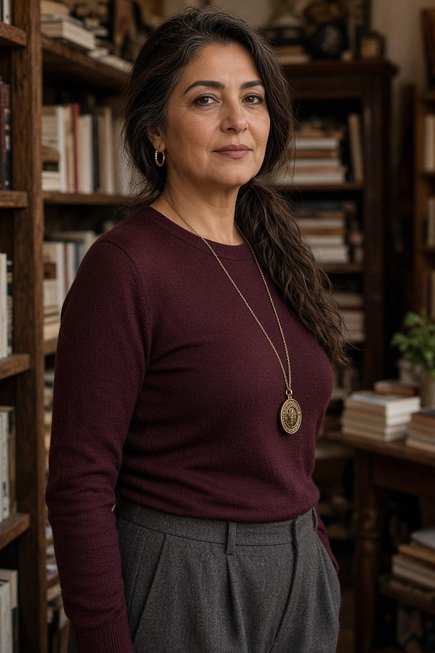 Woman over 50 wearing a long gold medallion pendant over a burgundy sweater
