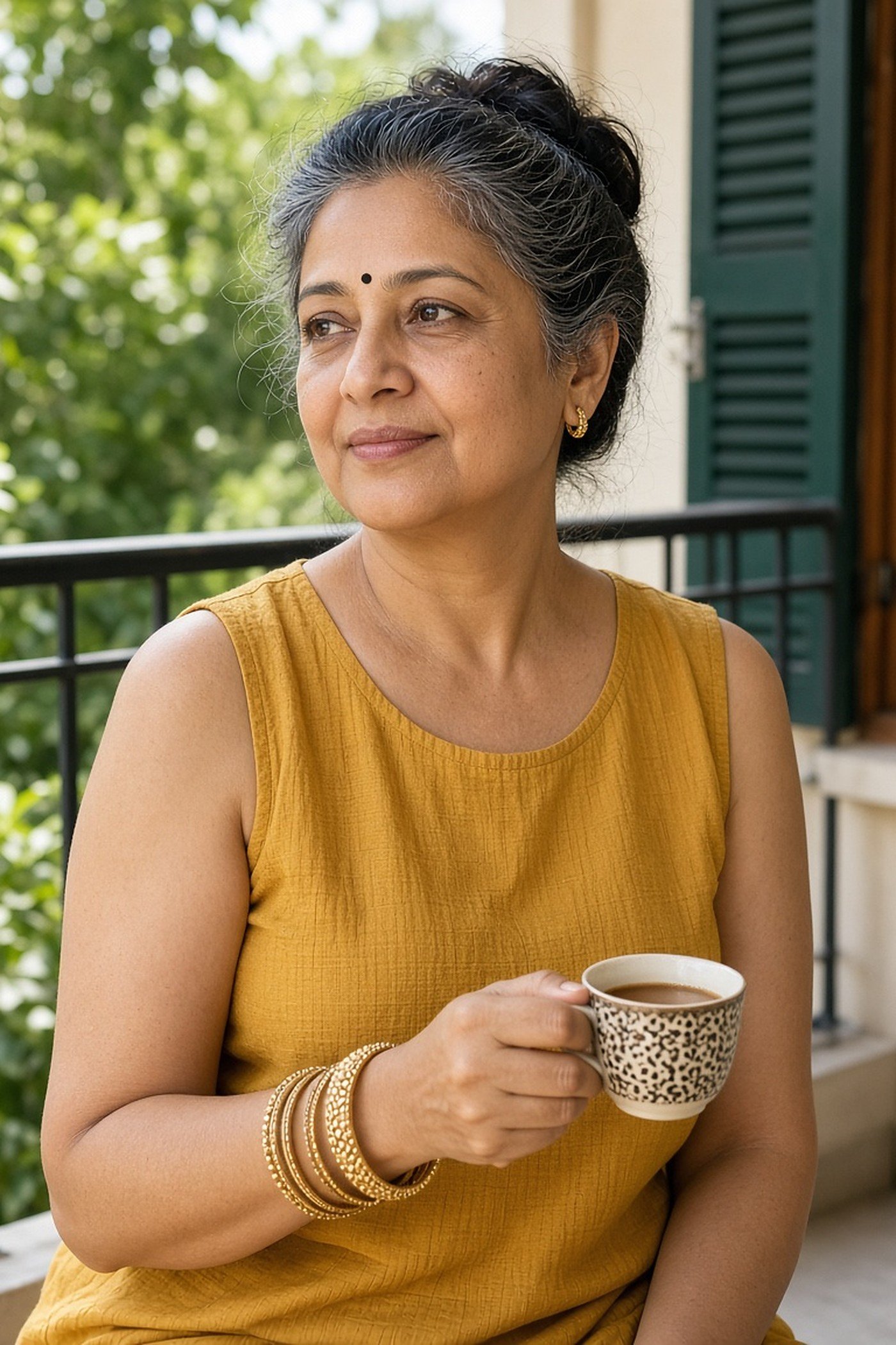 Woman over 50 wearing a stack of gold bangles on a sunny balcony