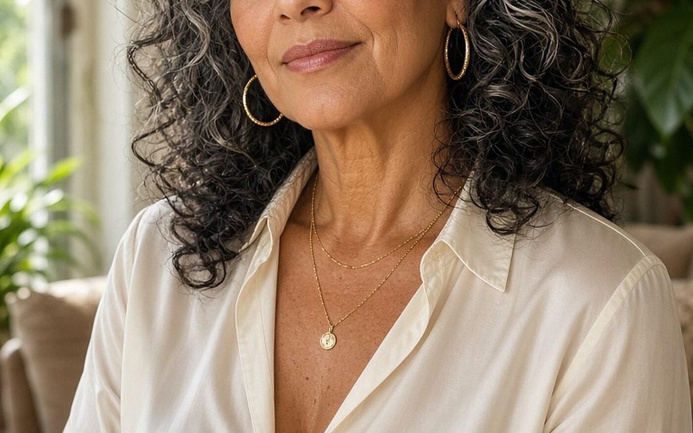 Woman over 50 wearing layered gold hoops, fine chains and bangles with a cream silk blouse