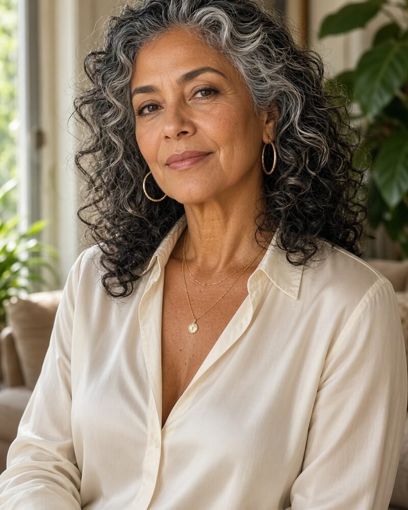 Woman over 50 wearing layered gold hoops, fine chains and bangles with a cream silk blouse