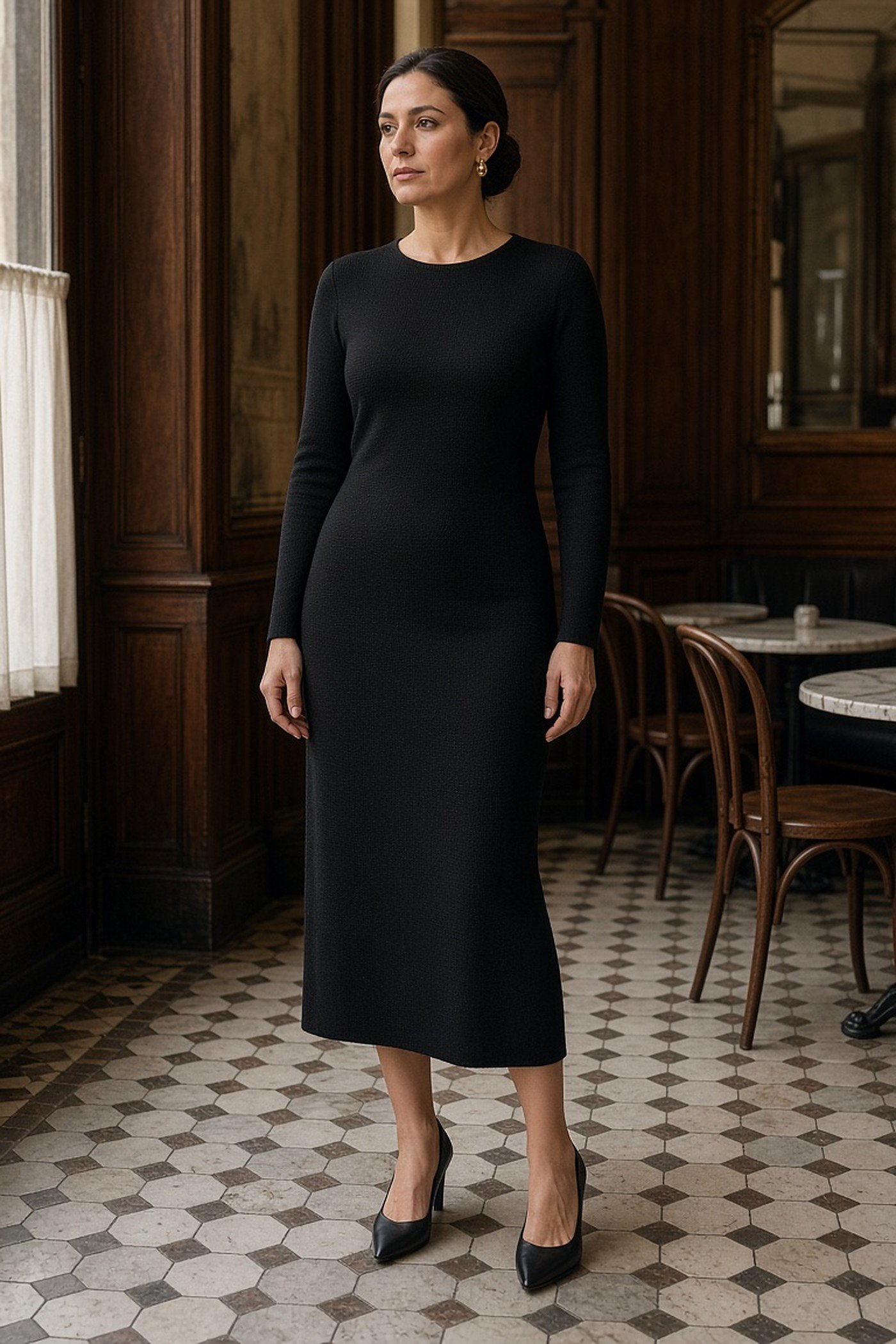 Woman in her 30s in a long-sleeve black knit midi dress and black pumps in a bistro