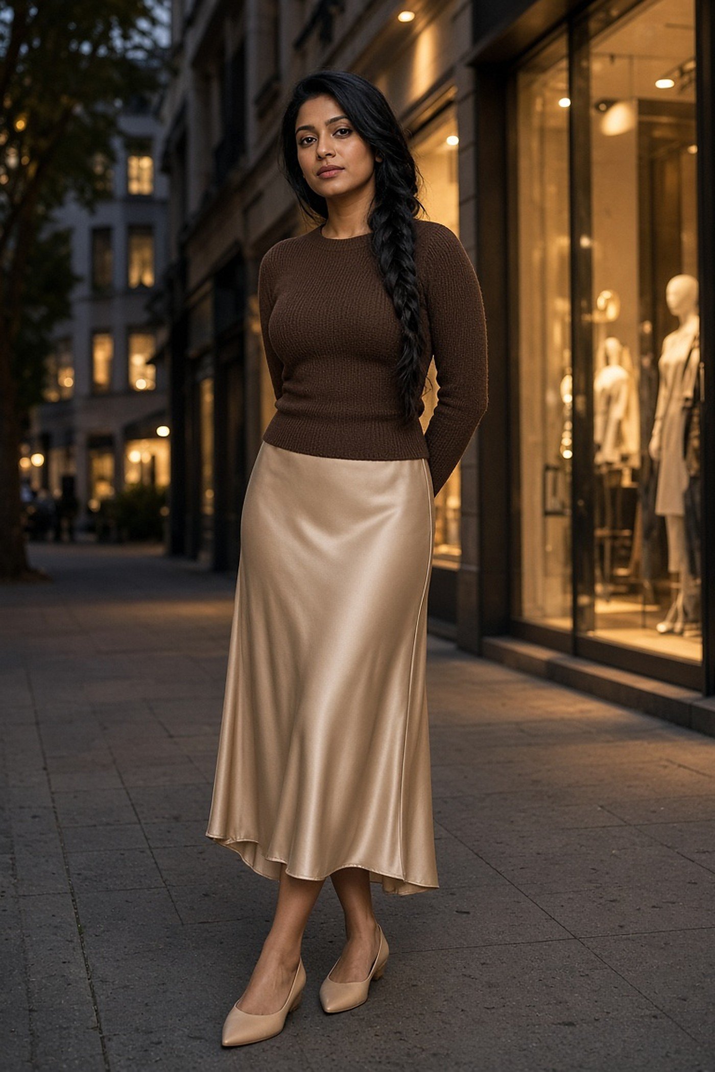 Woman in her 30s in a champagne satin midi skirt and brown fitted knit sweater