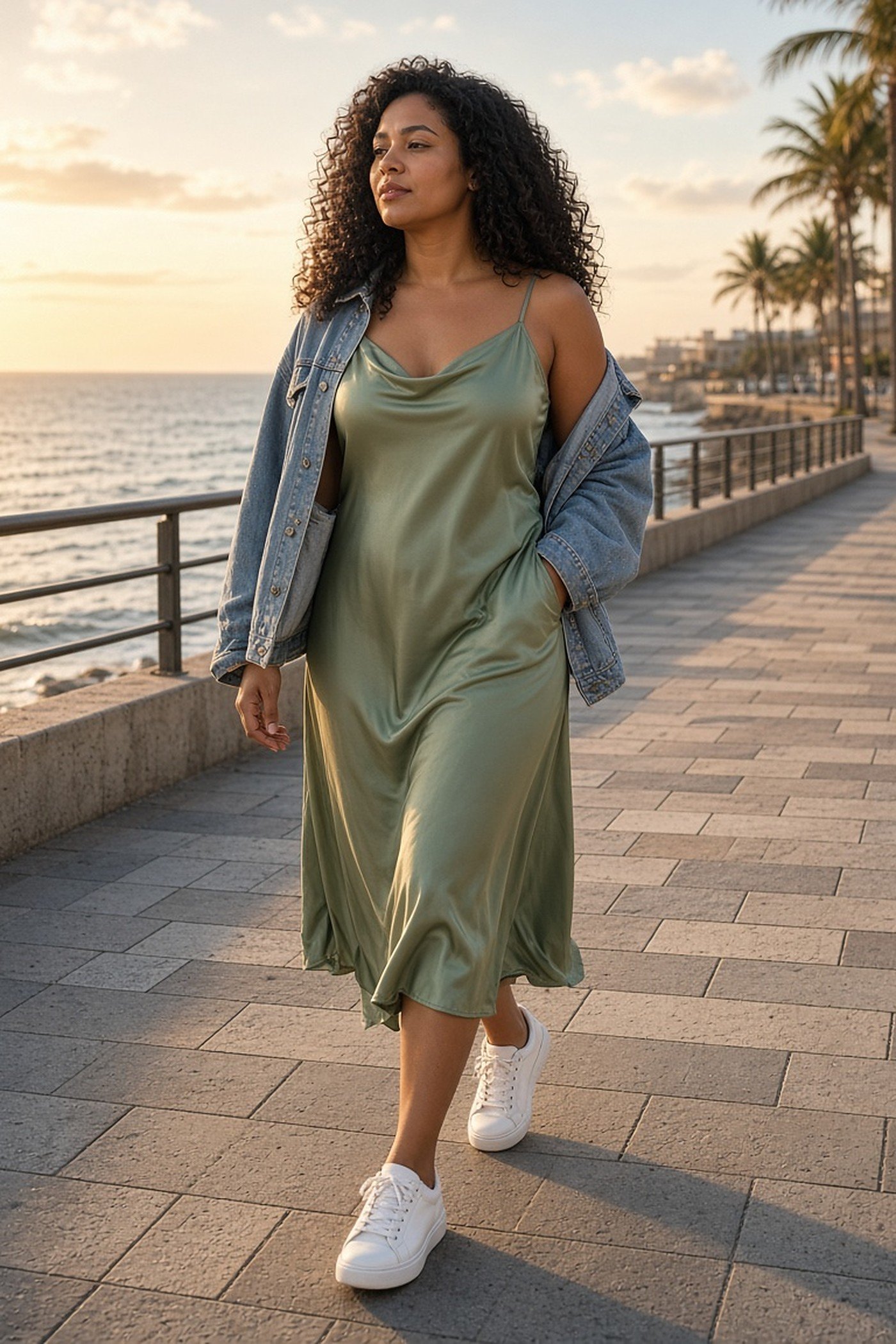 Woman in her 30s in a sage slip dress, denim jacket and white sneakers on a seaside promenade