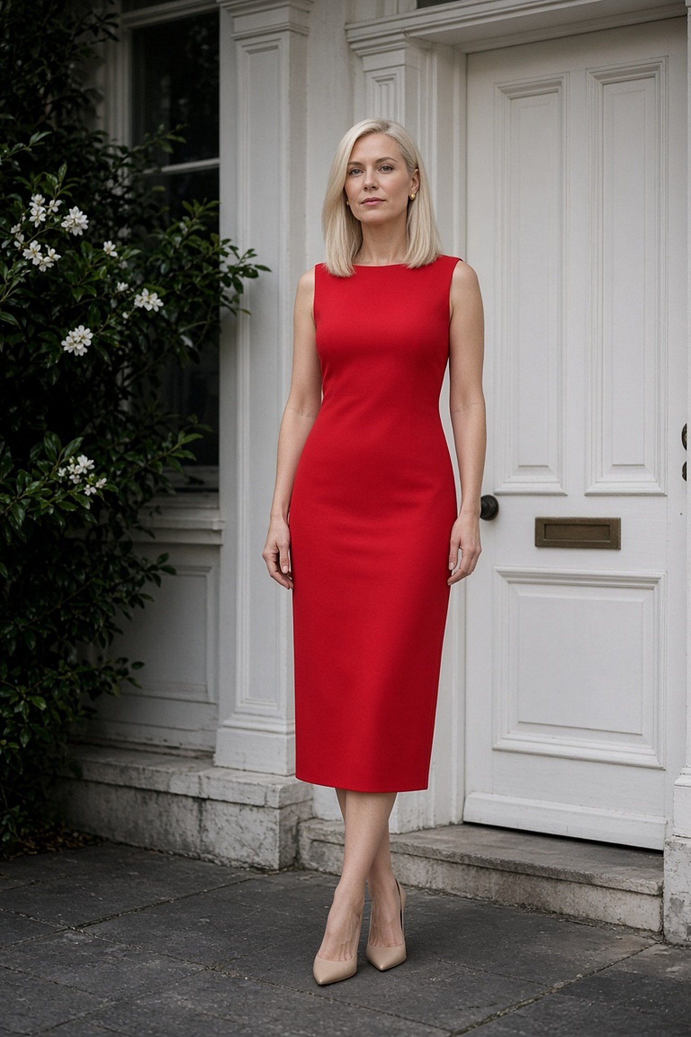 Woman in her 30s in a simple red sleeveless sheath midi dress and nude heels
