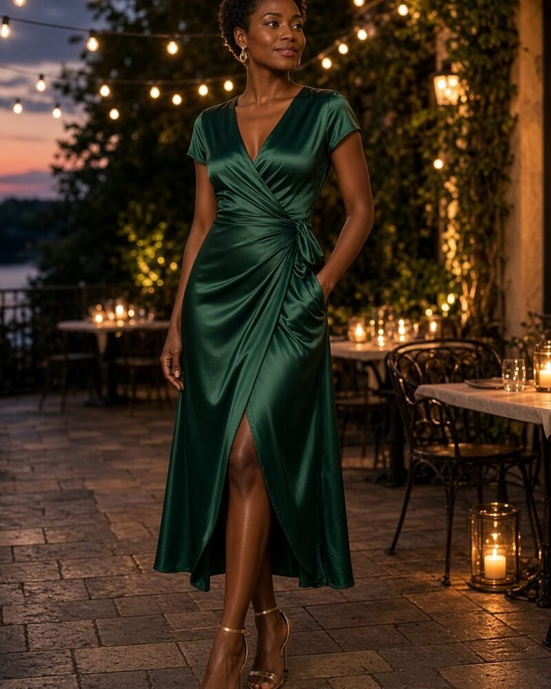Woman in her 30s in an emerald satin wrap midi dress on a candlelit restaurant terrace for date night