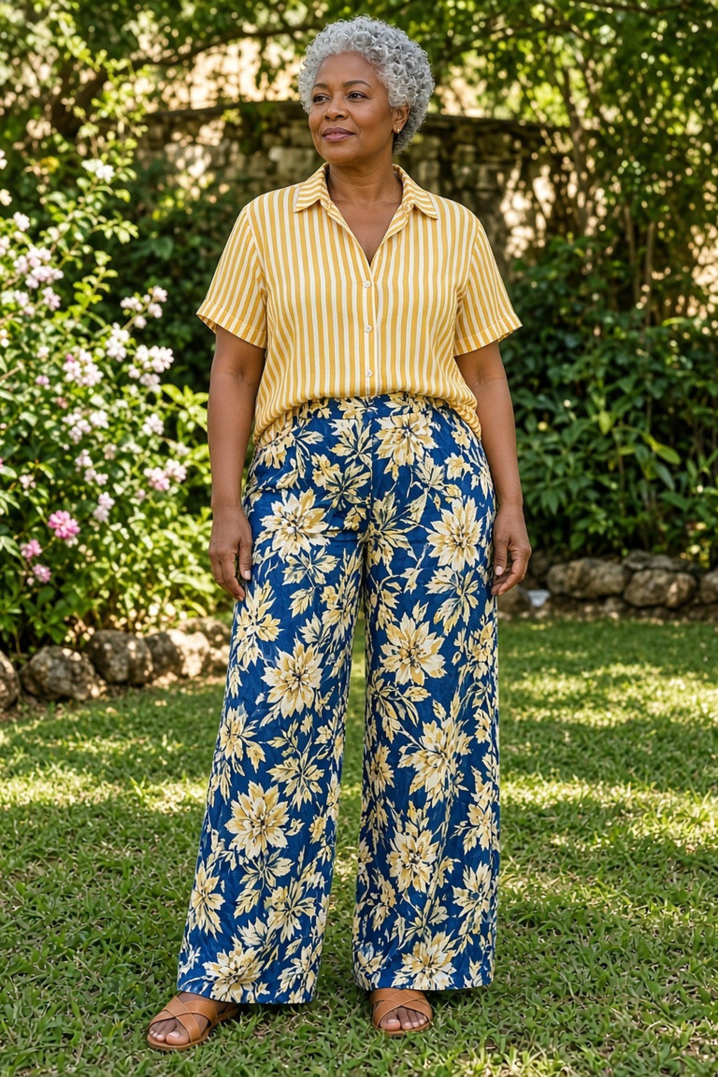 Woman over 40 pairing a yellow striped shirt with blue floral wide-leg trousers