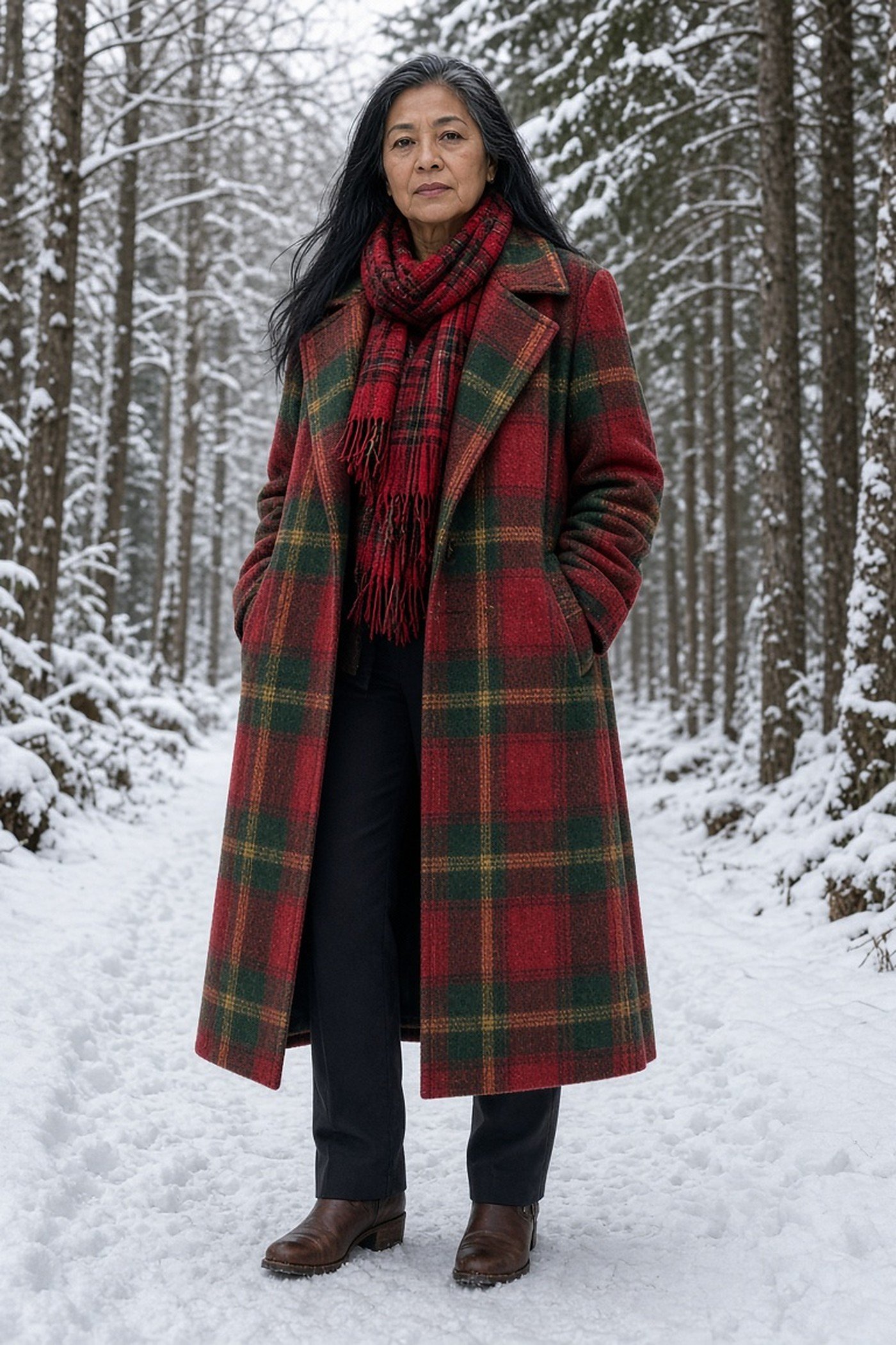 Woman over 40 in a large tartan coat with a smaller matching check scarf in the snow