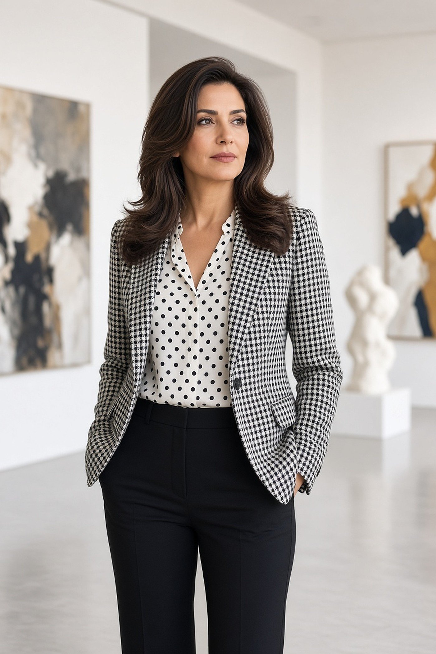 Woman over 40 in a houndstooth blazer over a polka dot blouse with plain black trousers