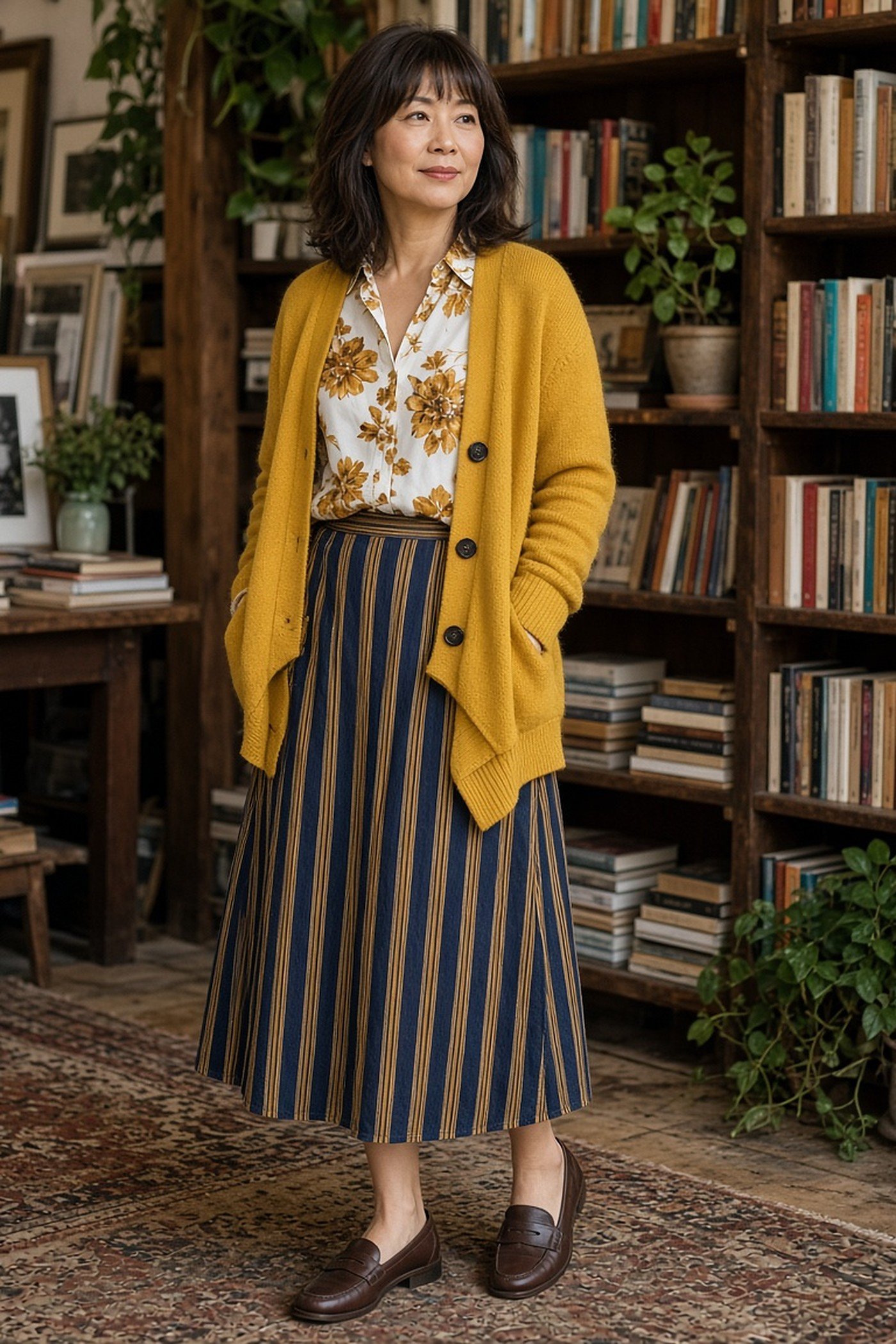 Woman over 40 using a solid mustard cardigan to buffer a floral blouse and striped skirt