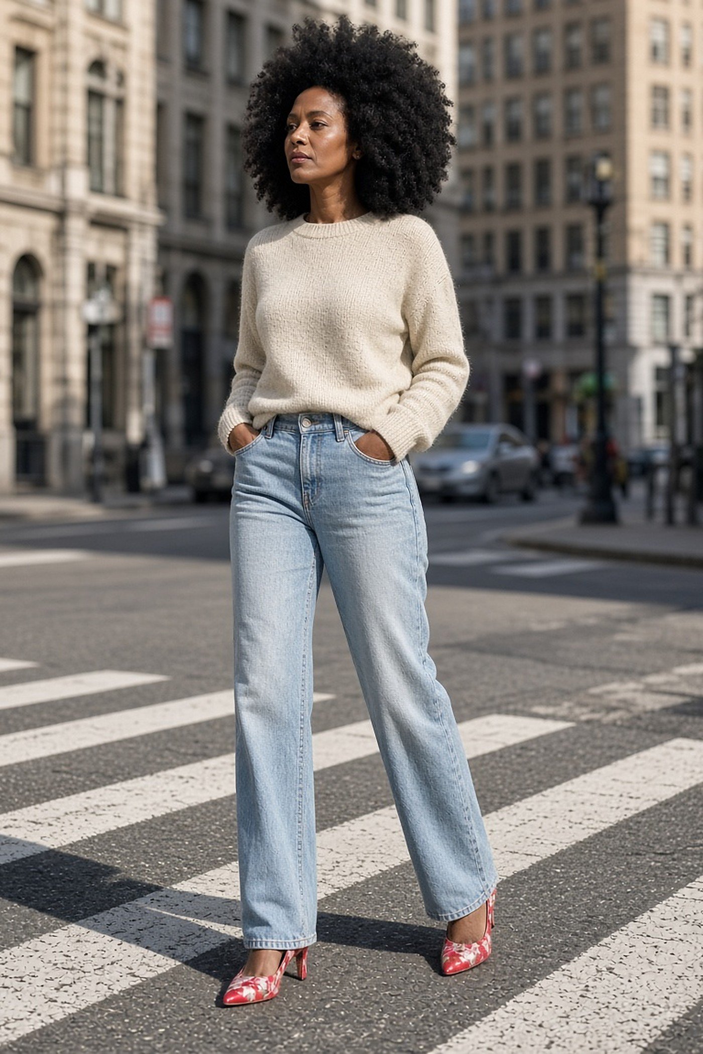 Woman over 40 adding red floral print pumps to light jeans and a cream sweater