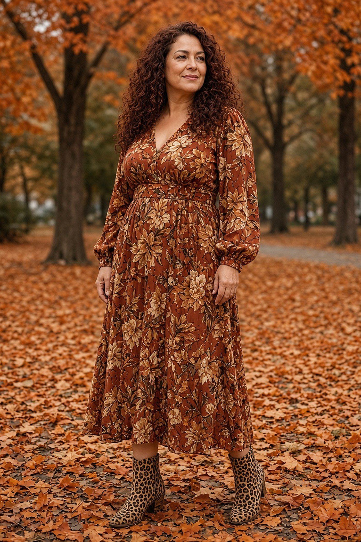 Woman over 40 in a rust floral midi dress with leopard print ankle boots
