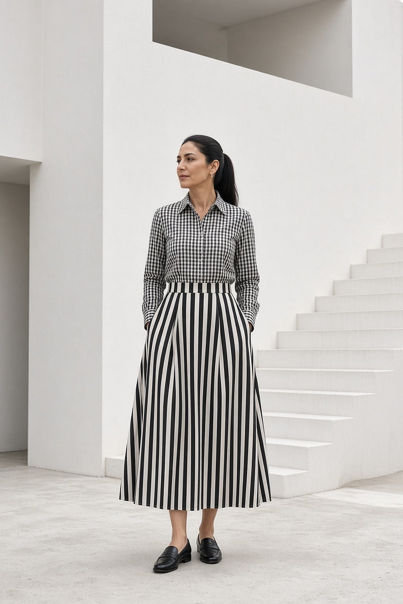 Woman over 40 in a black and white gingham shirt with a wide striped skirt