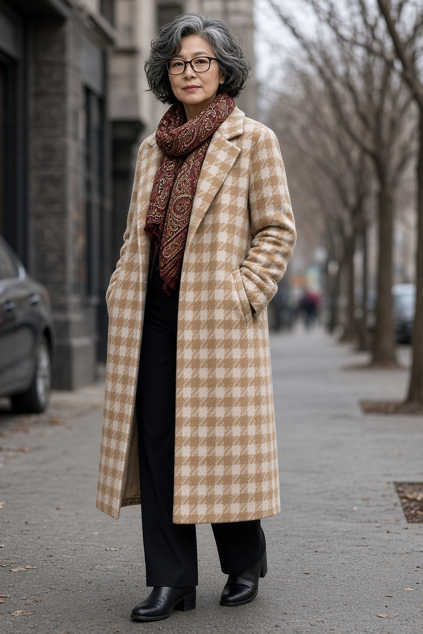Woman over 40 in a camel check coat with a burgundy paisley scarf in winter