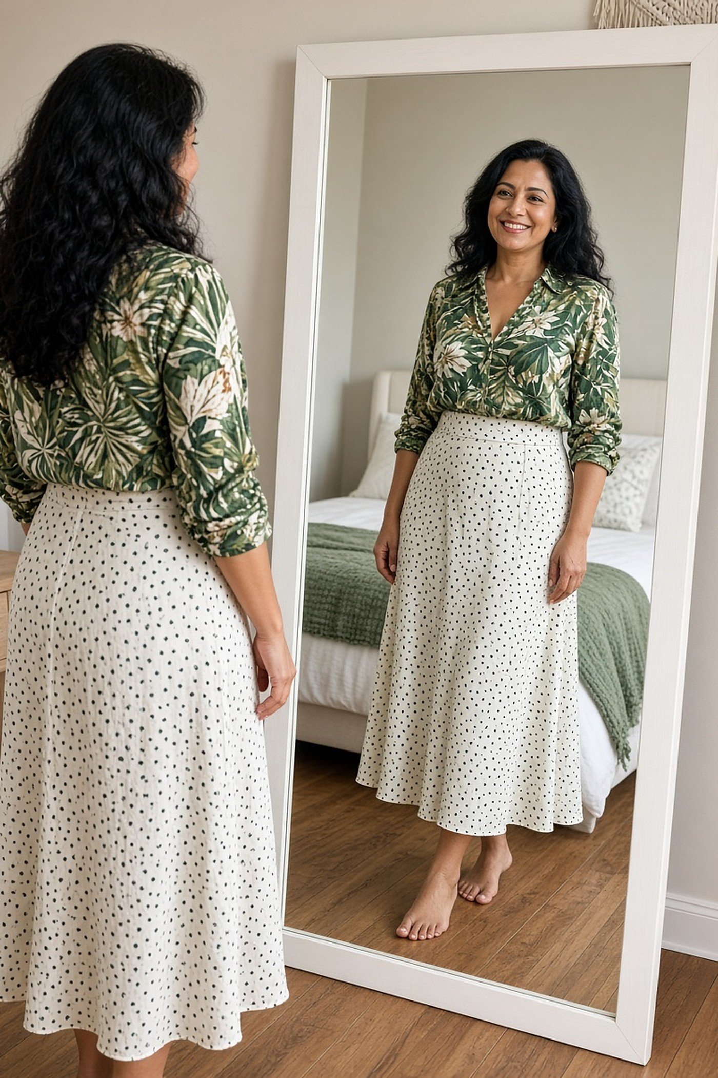 Woman over 40 smiling in the mirror in a botanical print blouse and dotted skirt