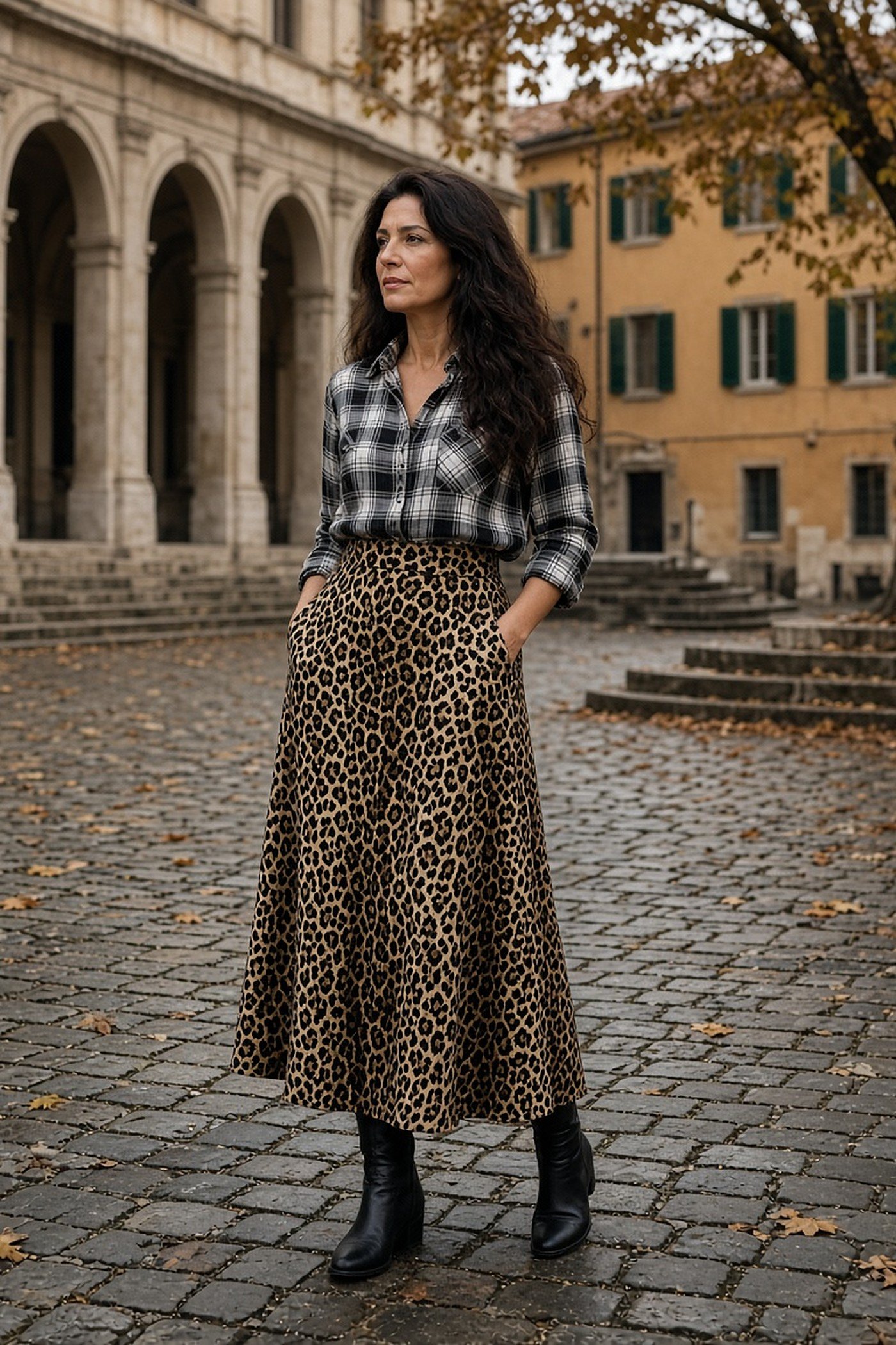 Woman over 40 in a leopard print midi skirt with a black and white plaid shirt